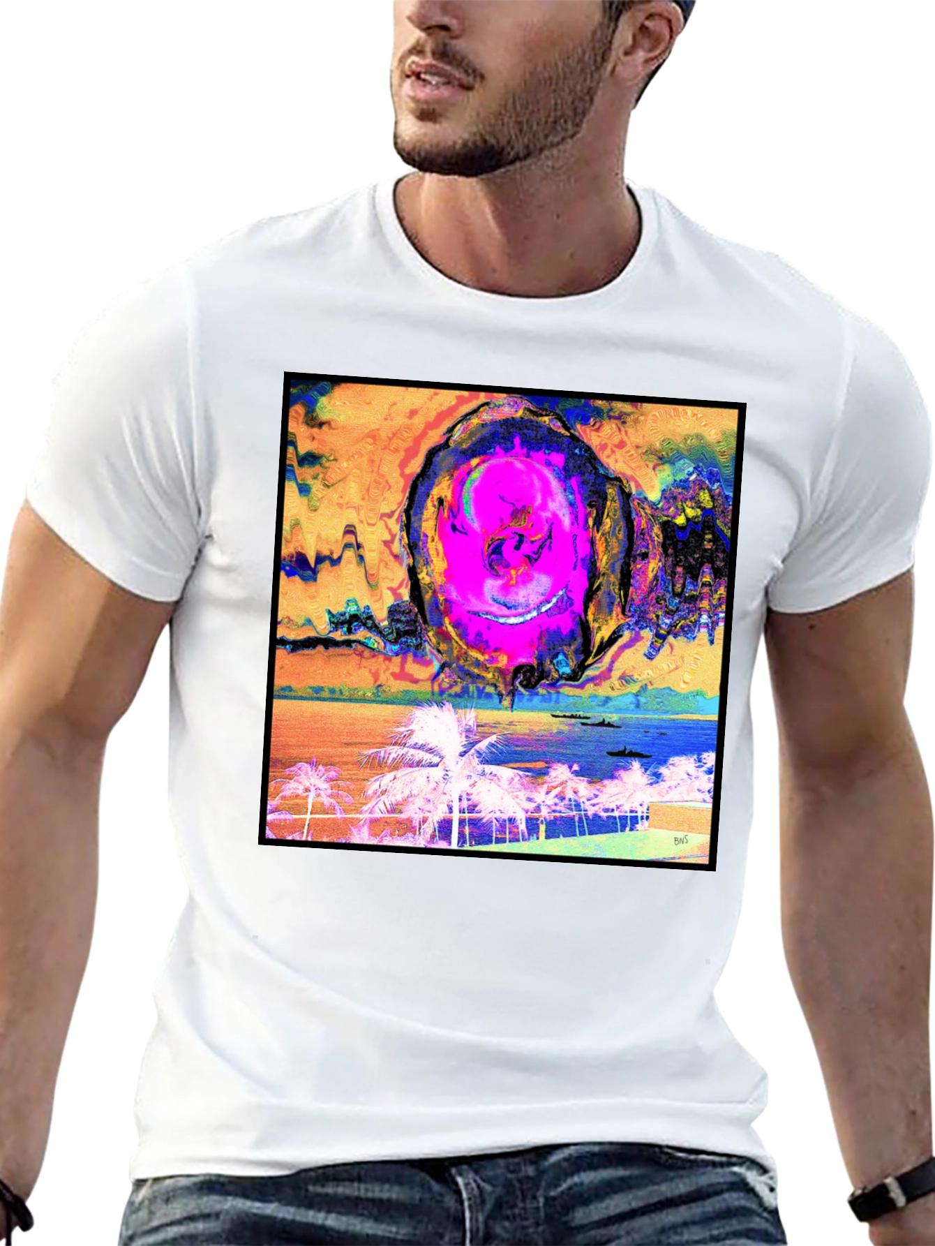 Black Abstract Beach T-Shirt - Unique Graphic Tee view 13