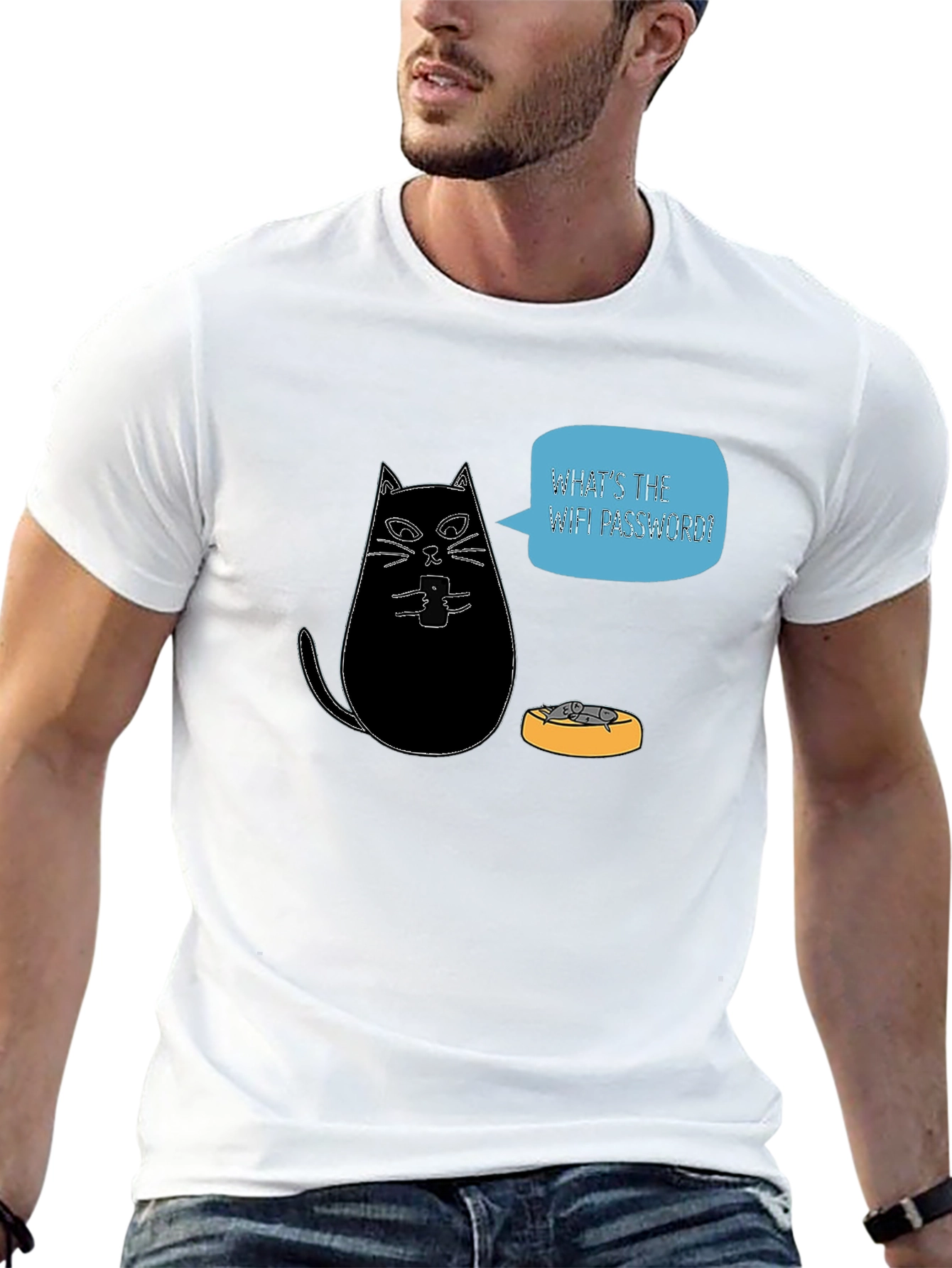 Black Funny Cat Wants WiFi Password Black T-Shirt view 13