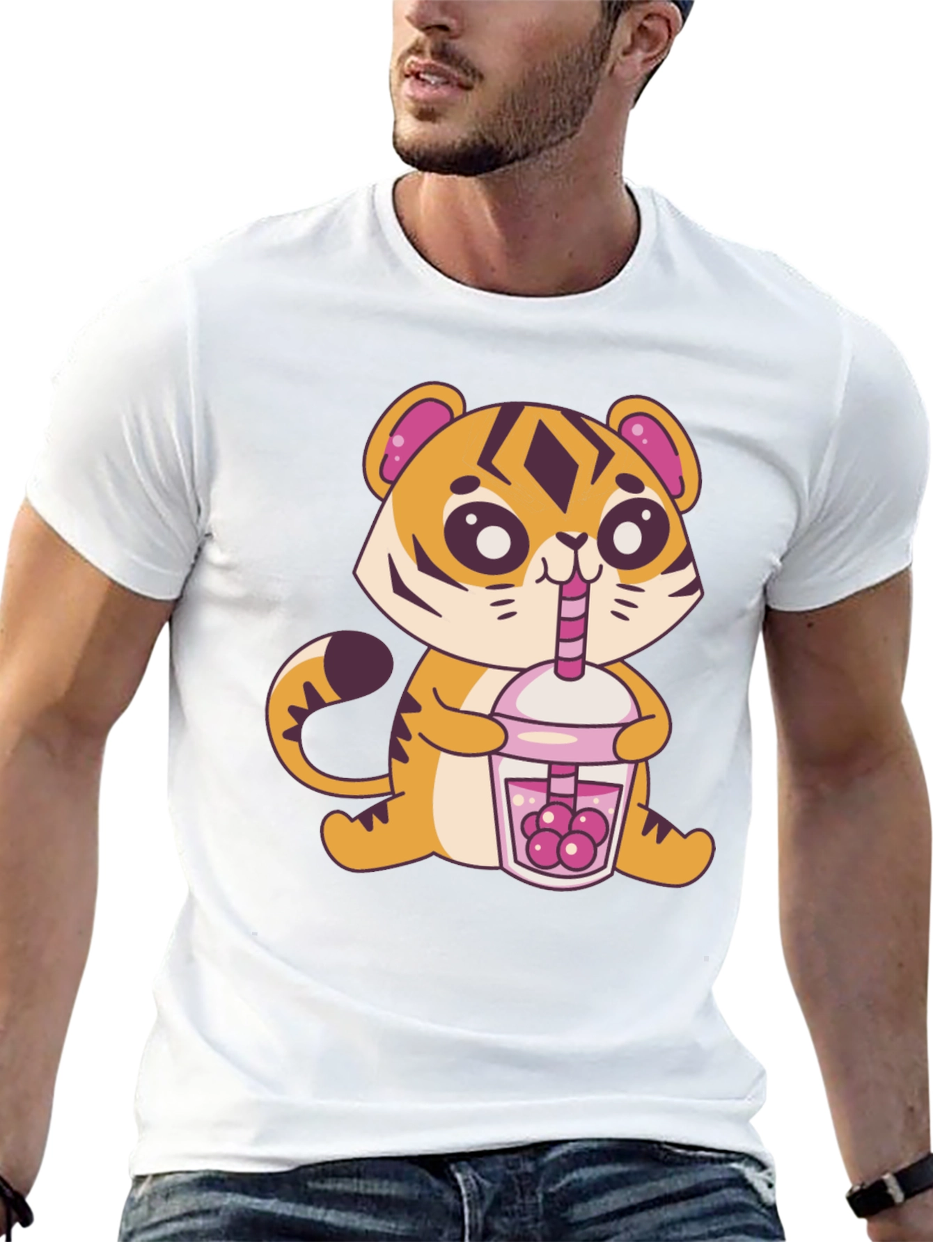 Black Cute Tiger Boba Tea Graphic Tee - Black view 13