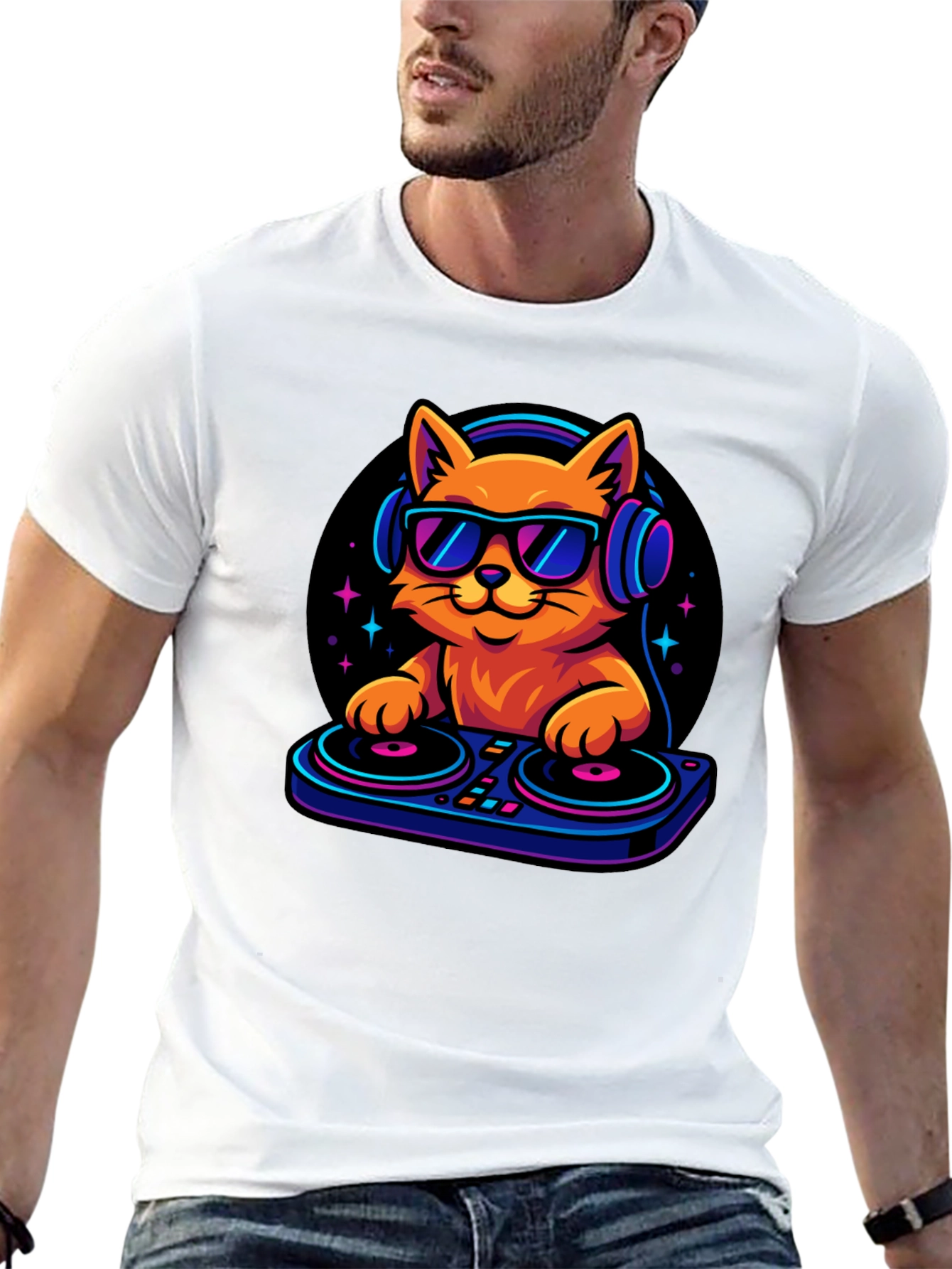 Black DJ Cat T-Shirt - Cool Cat with Headphones! view 13