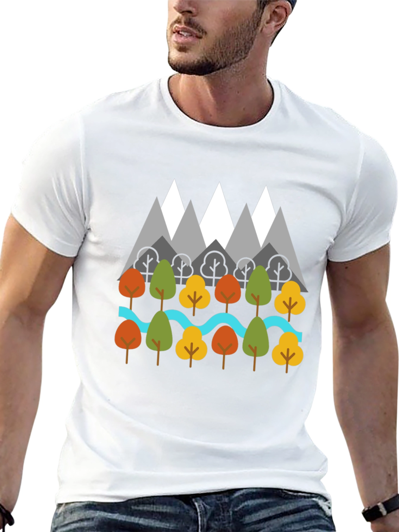 Black Nature Graphic T-Shirt - Mountains, Trees, River Design view 13
