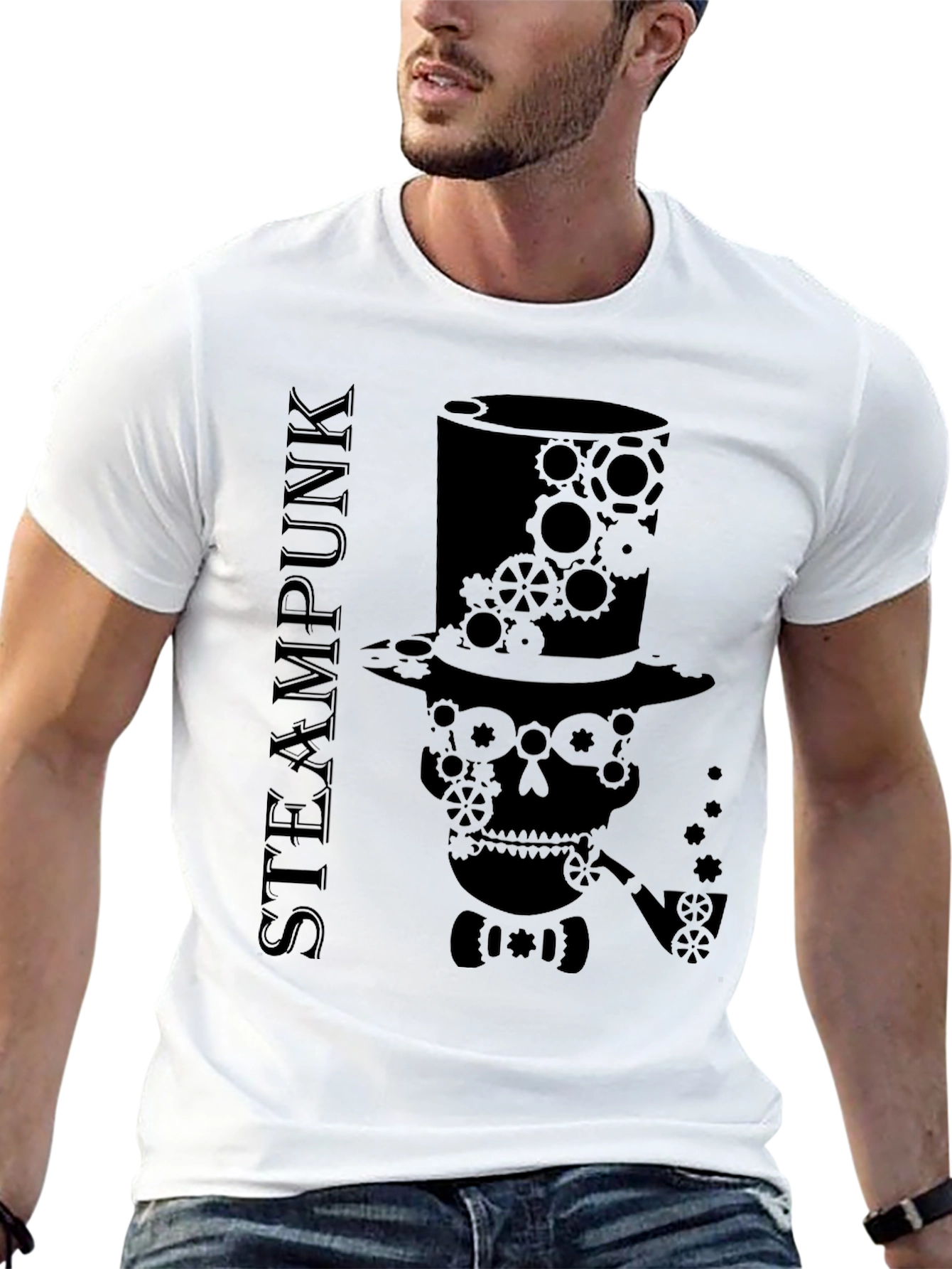 Black Steampunk Skull Gear T-Shirt - Unique Design view 13