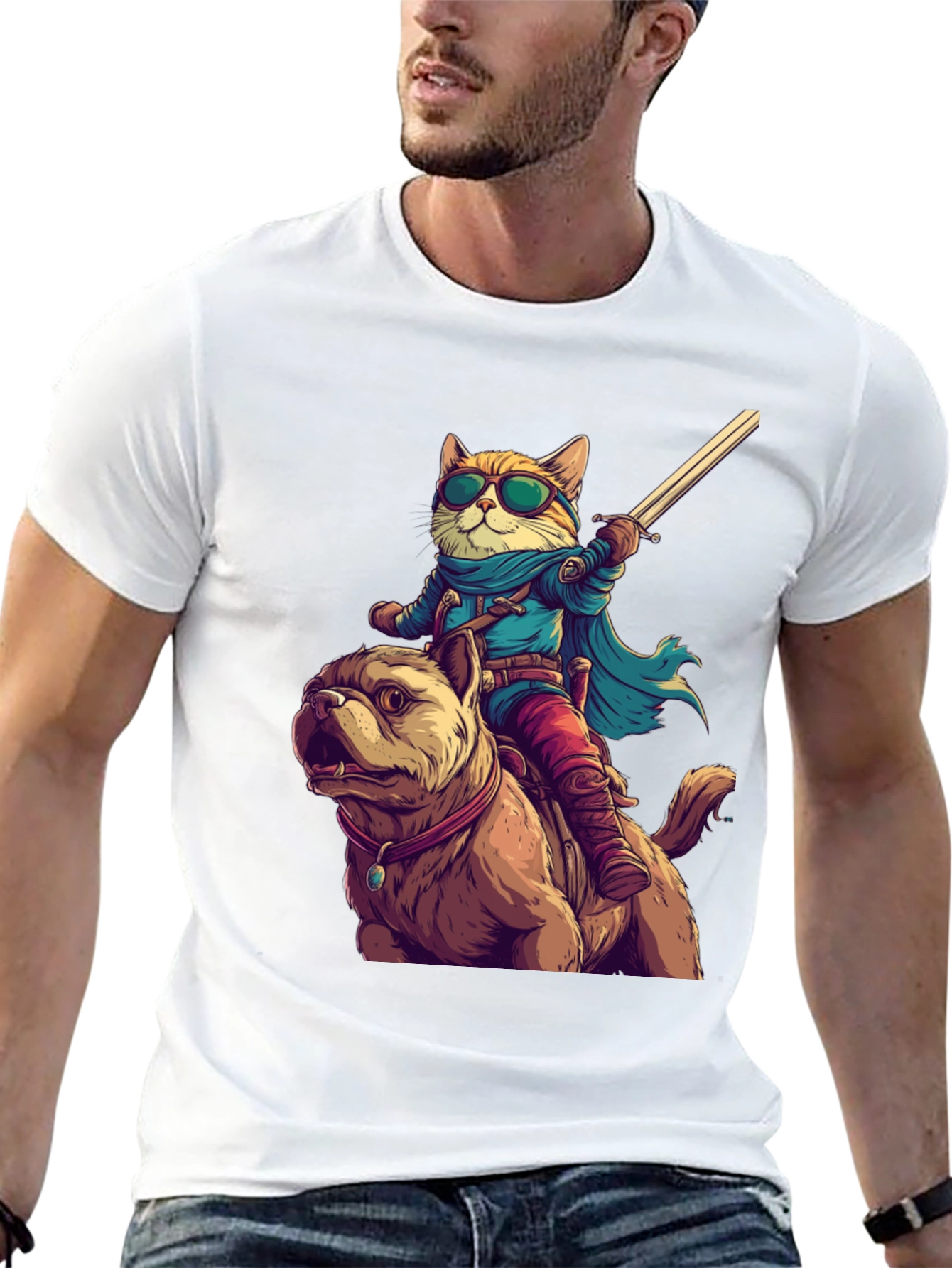 Black Cat Riding Dog T-Shirt - Novelty Cartoon Tee view 13