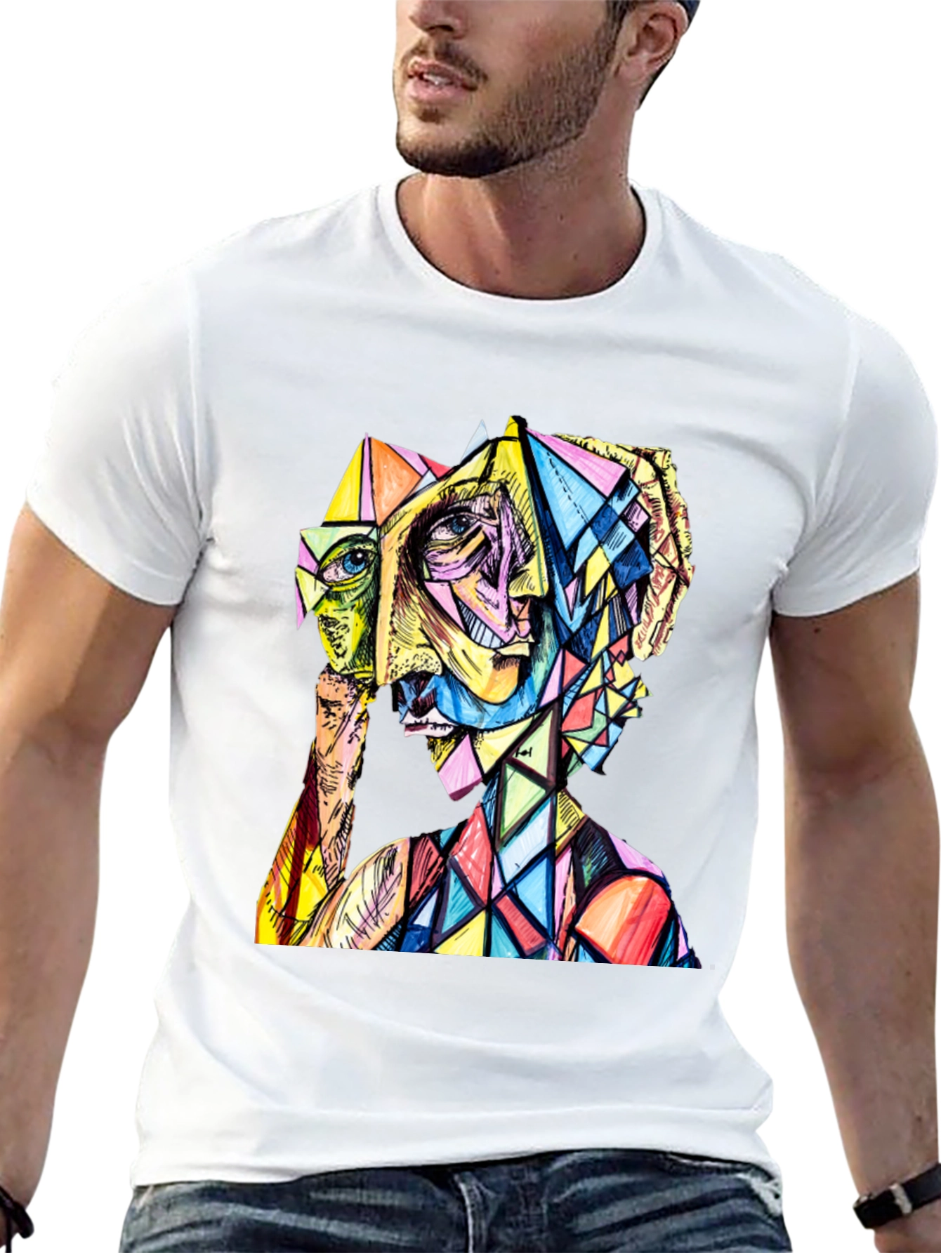 Black Abstract Geometric Face Graphic Tee view 13