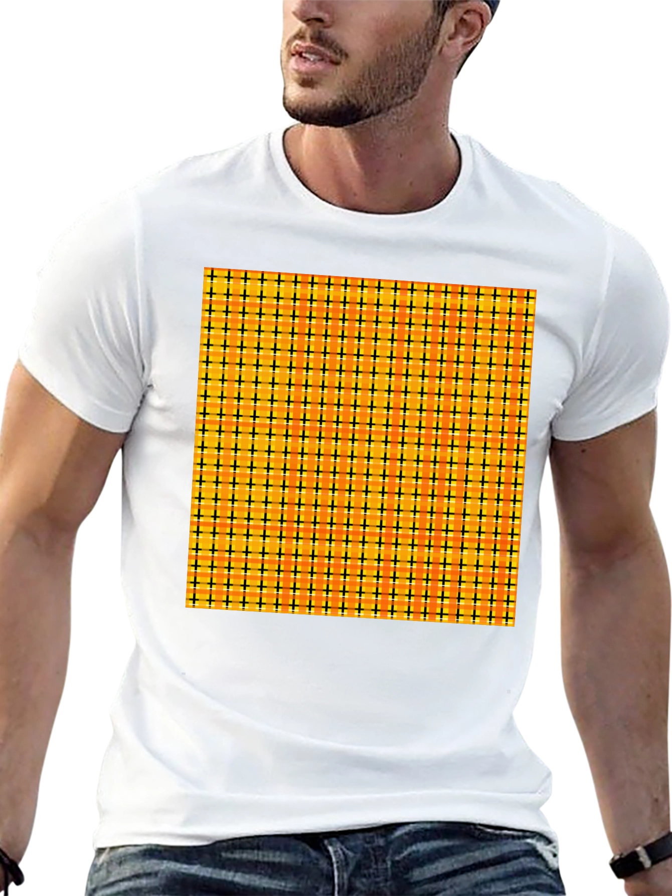 Black Men's Black Tee with Colorful Grid Pattern view 13