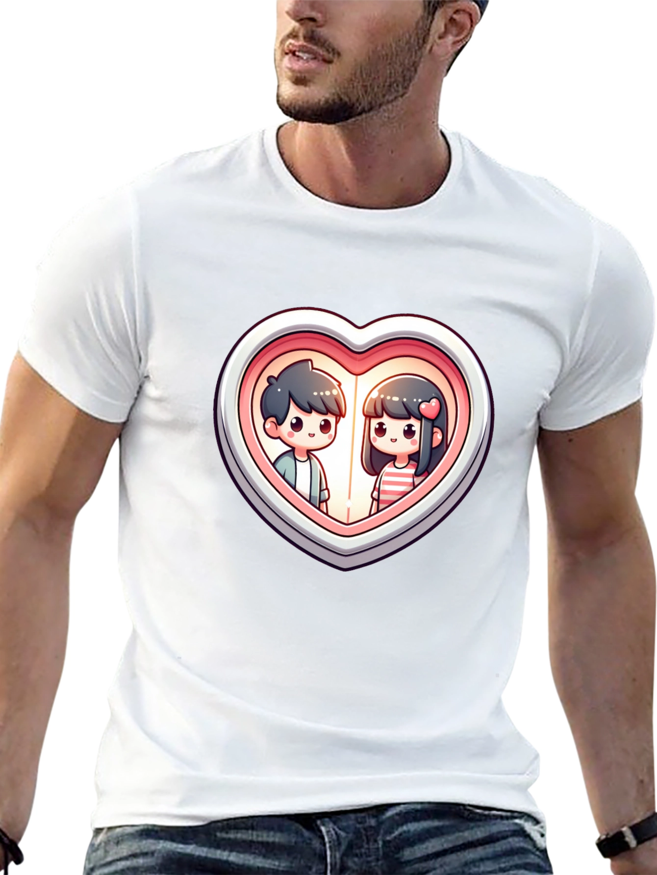 Black Cute Couple Heart Graphic Tee - Black Cotton T-Shirt view 13