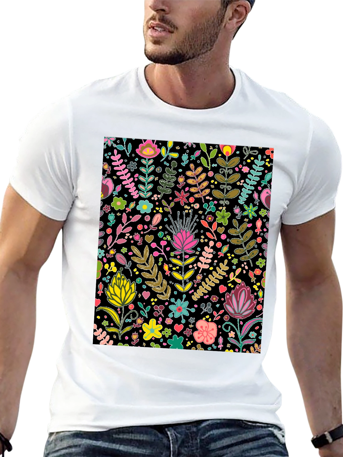 Black Floral Patterned Black T-Shirt view 13