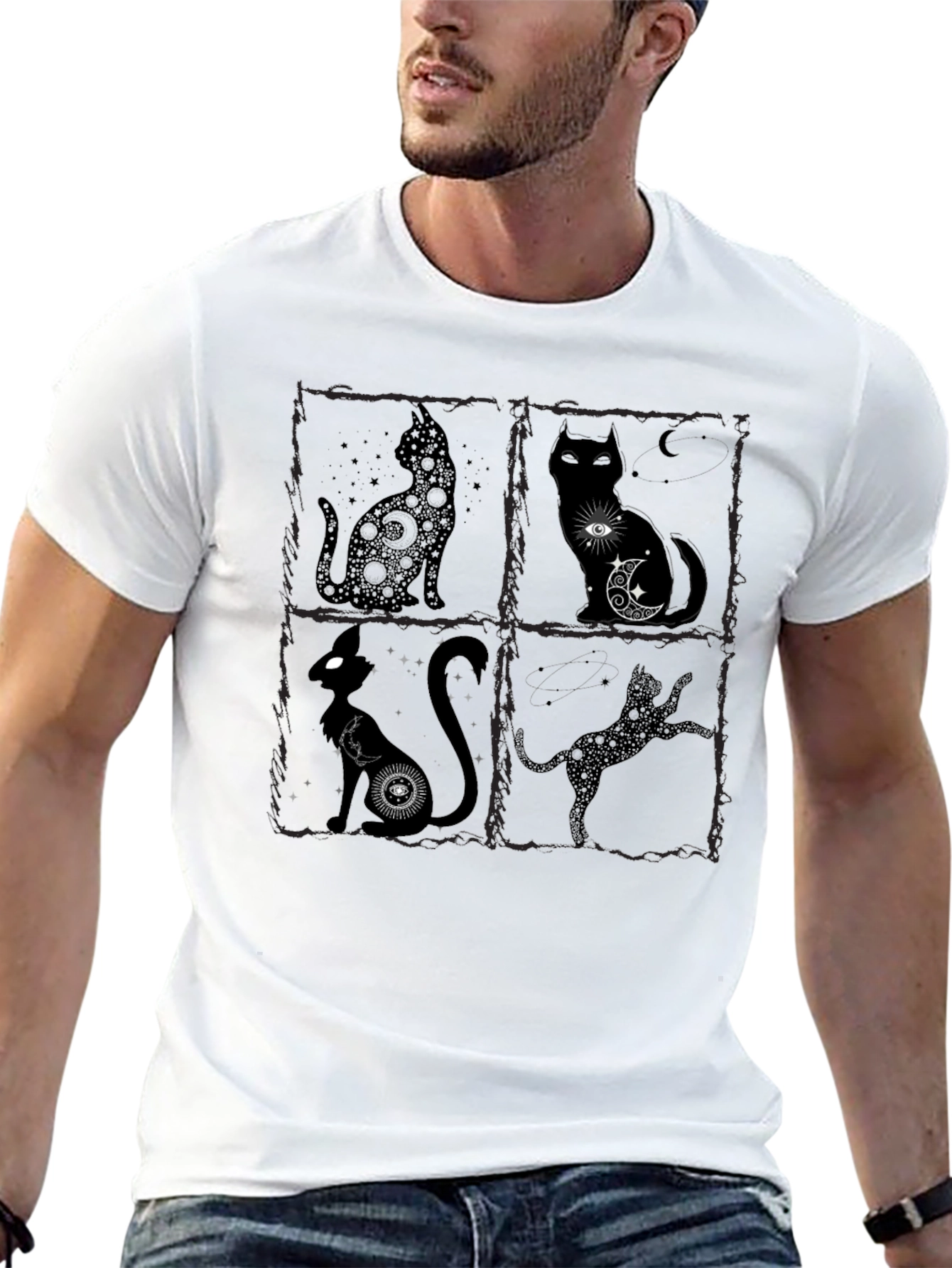 Black Mystical Cat T-Shirt - Black Crew Neck view 13