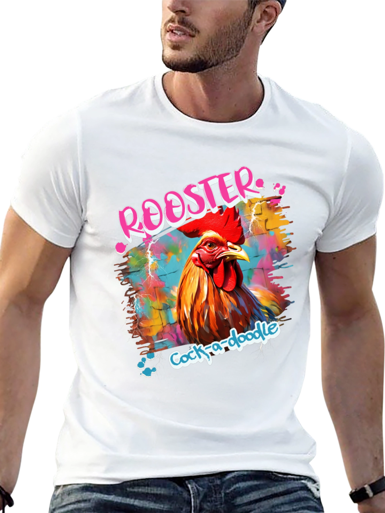 Black Rooster Graphic Tee - Men's Colorful Cock-a-doodle Shirt view 13
