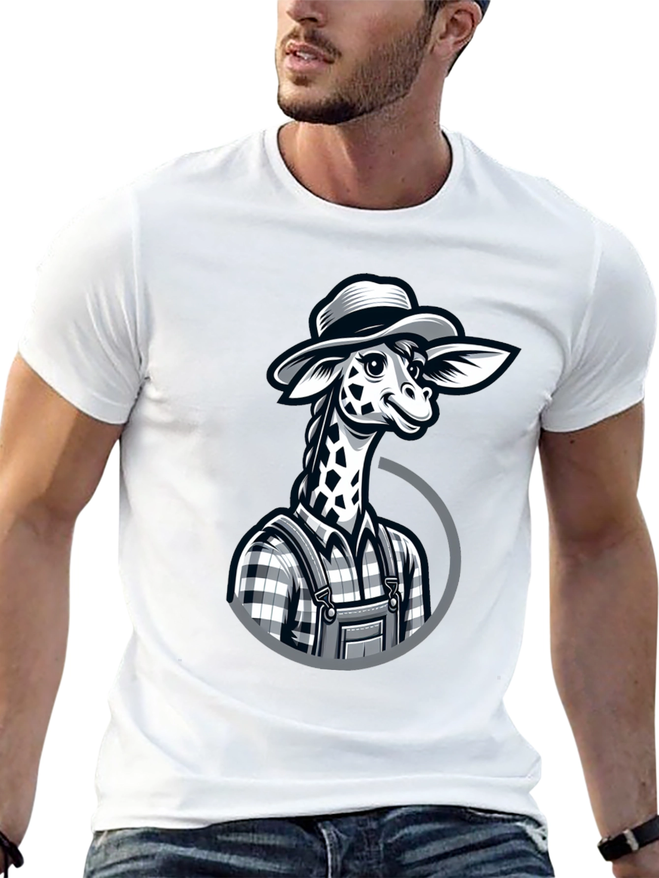 Black Giraffe Farmer Graphic Tee - Novelty Cartoon Animal Shirt view 13