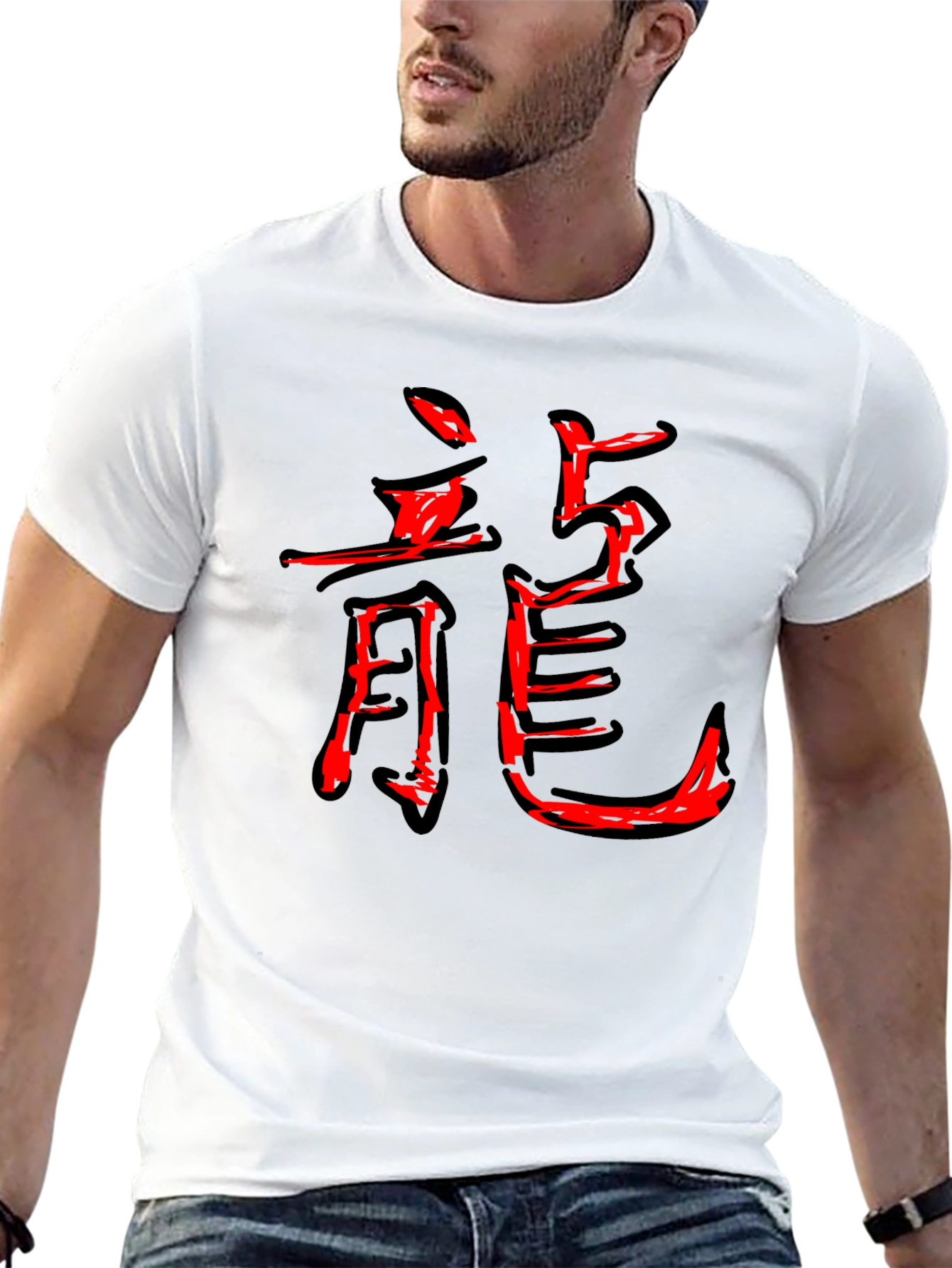 Black Men's Black T-Shirt with Red Dragon Symbol view 13