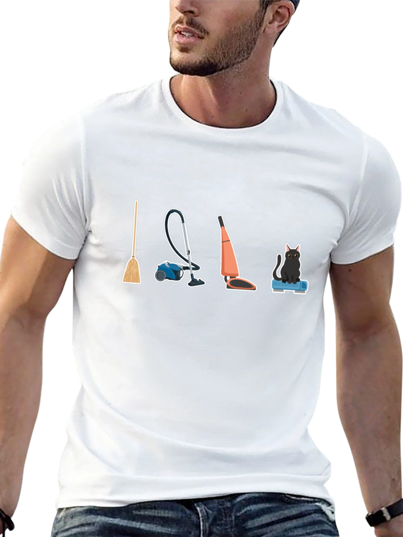 Black Cleaning Crew T-Shirt: Broom, Vacuum, and Cat view 13
