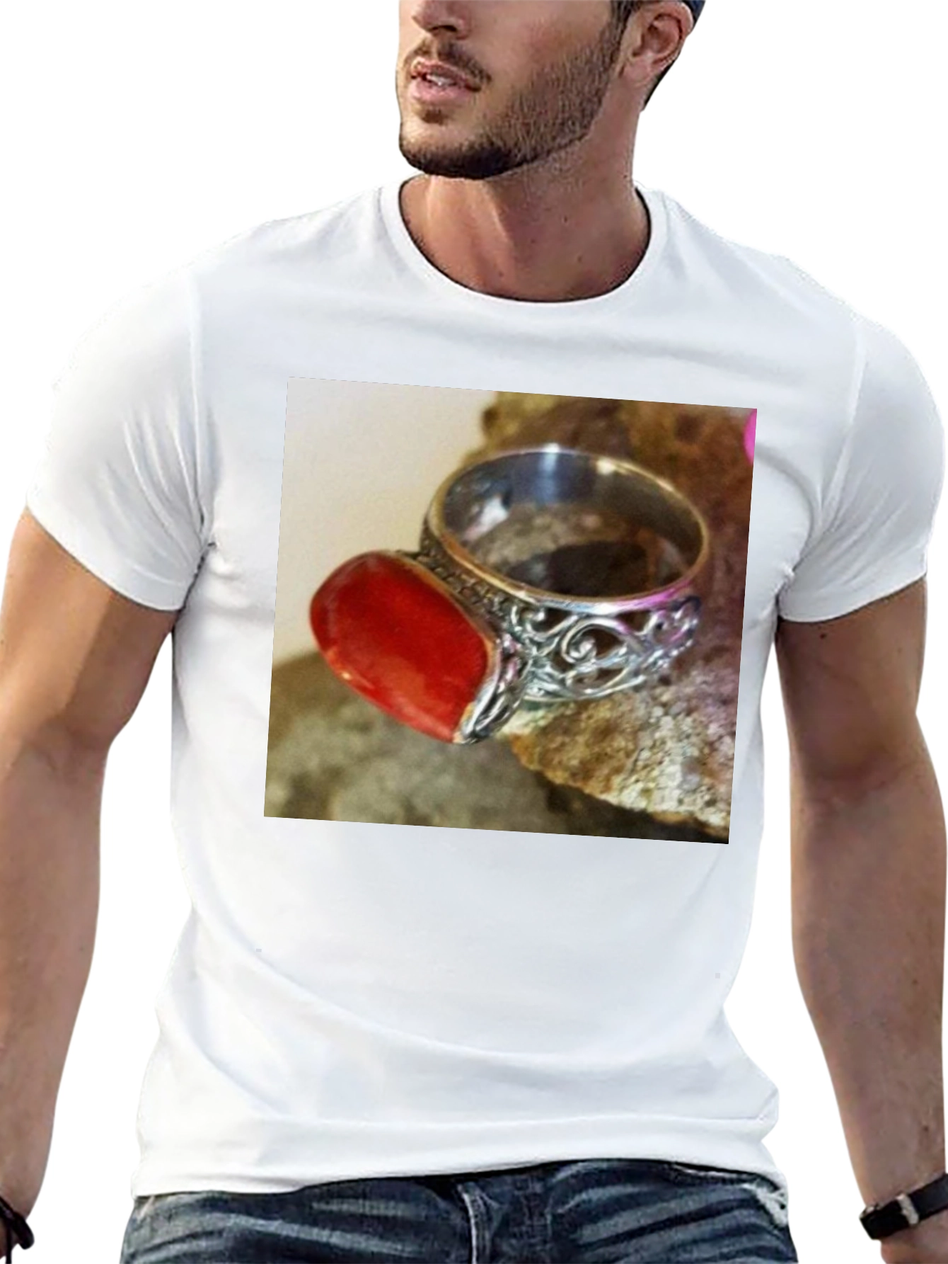 Black Coral Gemstone Ring on Black T-Shirt view 13