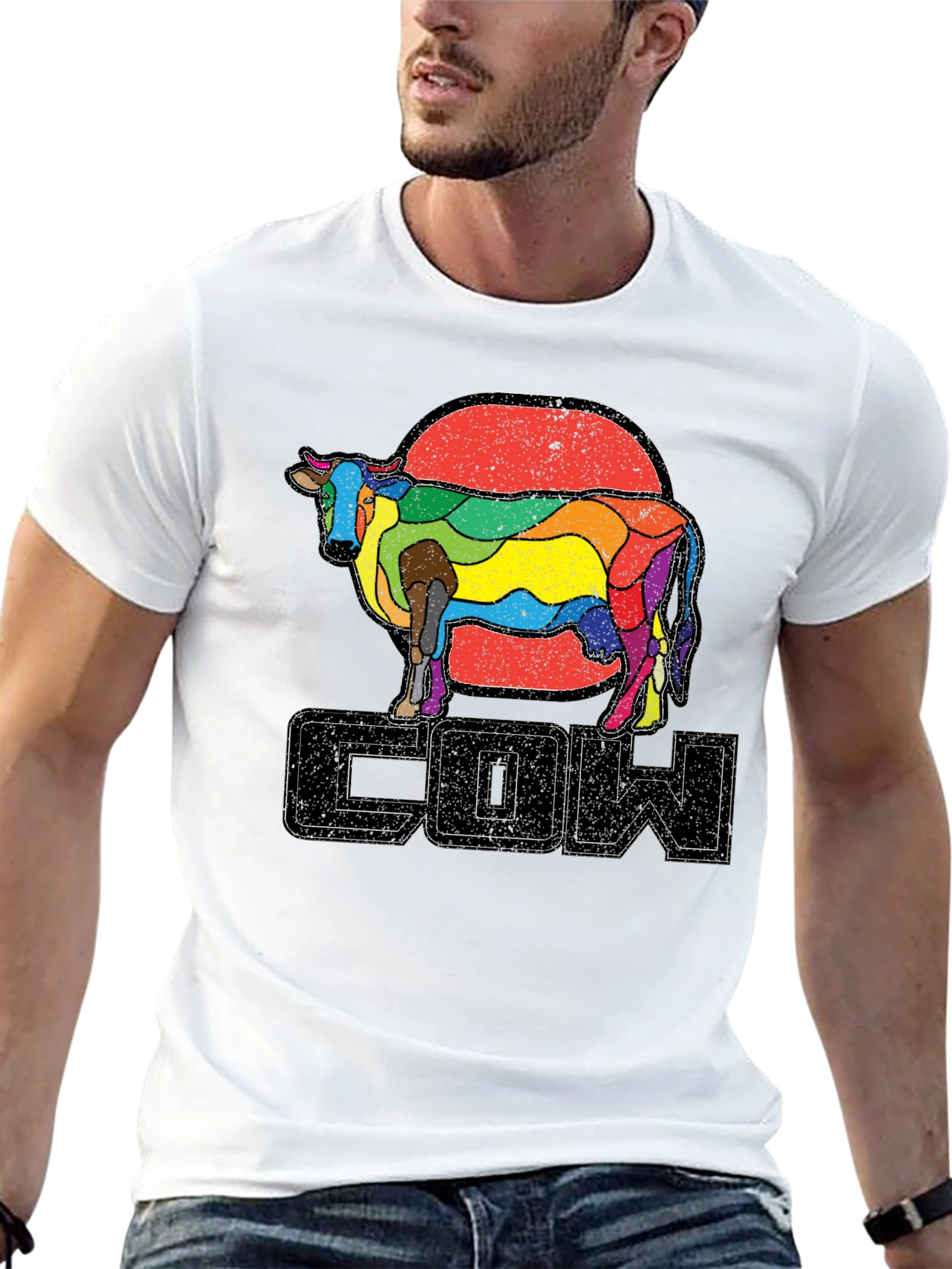 Black Retro Rainbow Cow Graphic T-Shirt view 13