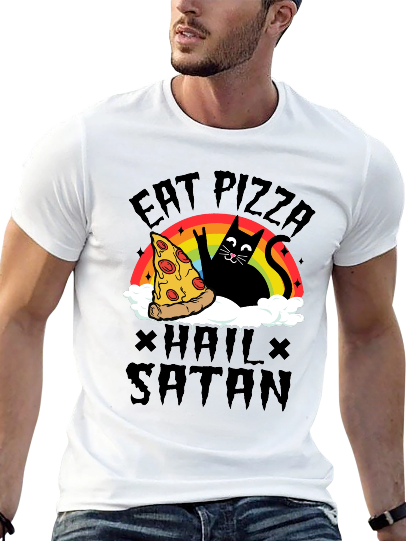 Black Eat Pizza Hail Satan Black Graphic Tee view 13