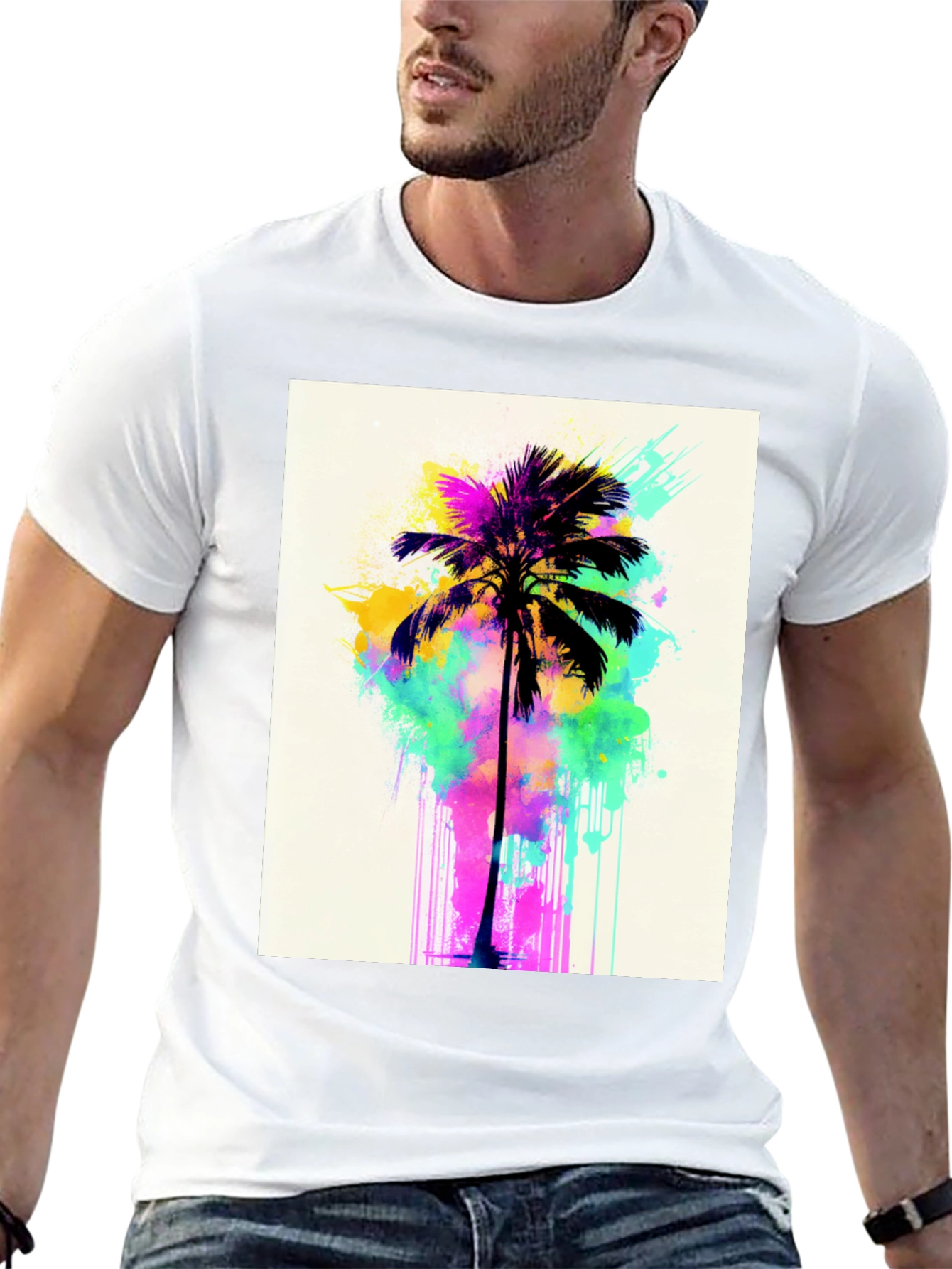 Black Vibrant Palm Tree Graphic Tee - Black Cotton T-Shirt view 13