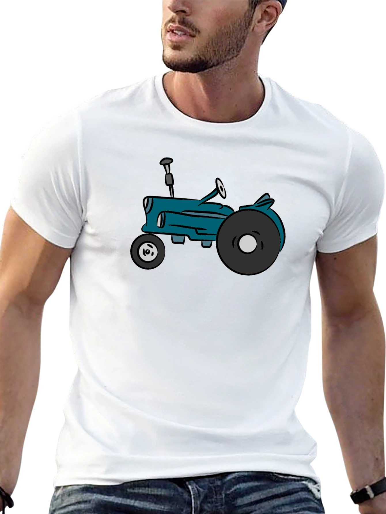 Black Cartoon Tractor Graphic Tee - Black Cotton T-Shirt view 13