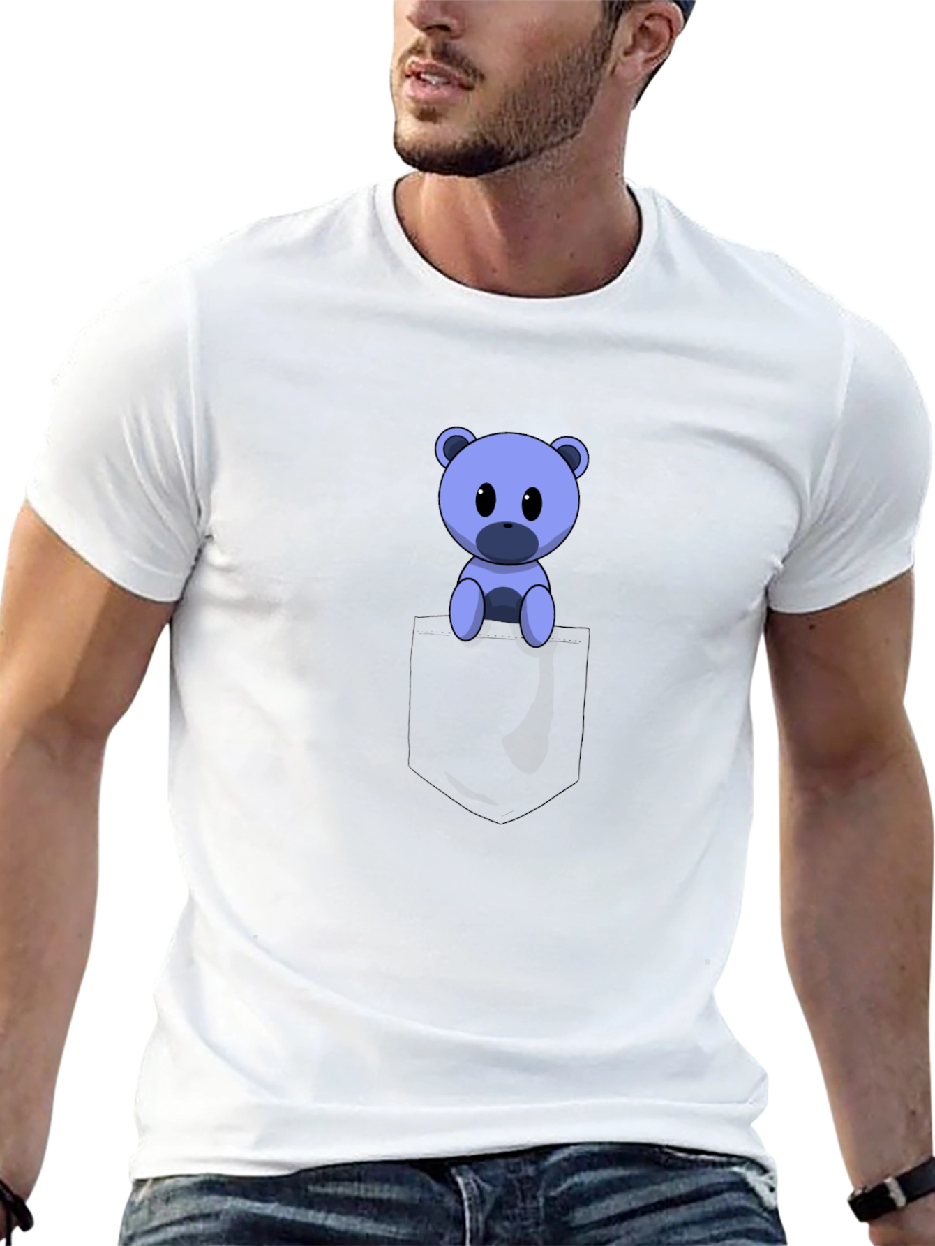 Black Cute Cartoon Bear in Pocket Black T-Shirt view 13