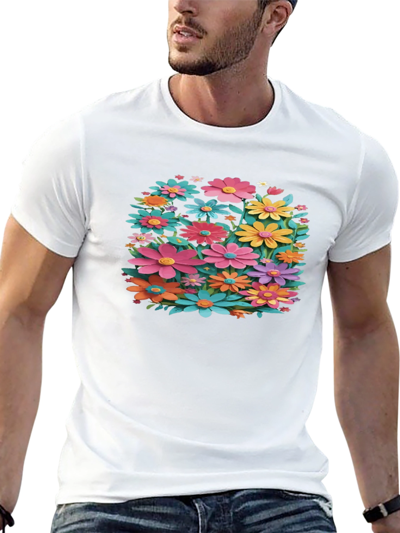 Black Floral T-Shirt - Black, Colorful Flower Design view 13