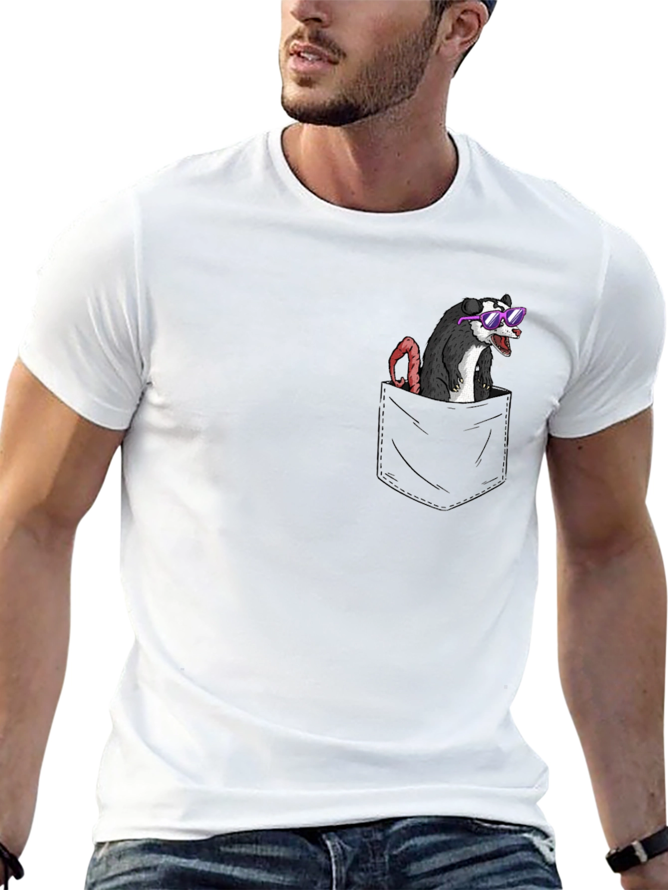 Black Cool Opossum Pocket T-Shirt - Funny Animal Graphic Tee view 13
