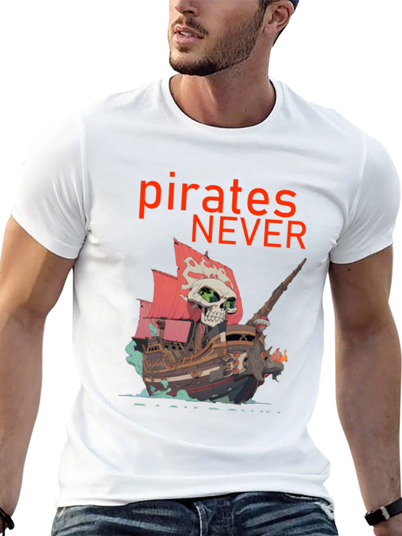 Black Pirates Never Back Down T-Shirt - Skull Ship Design view 13
