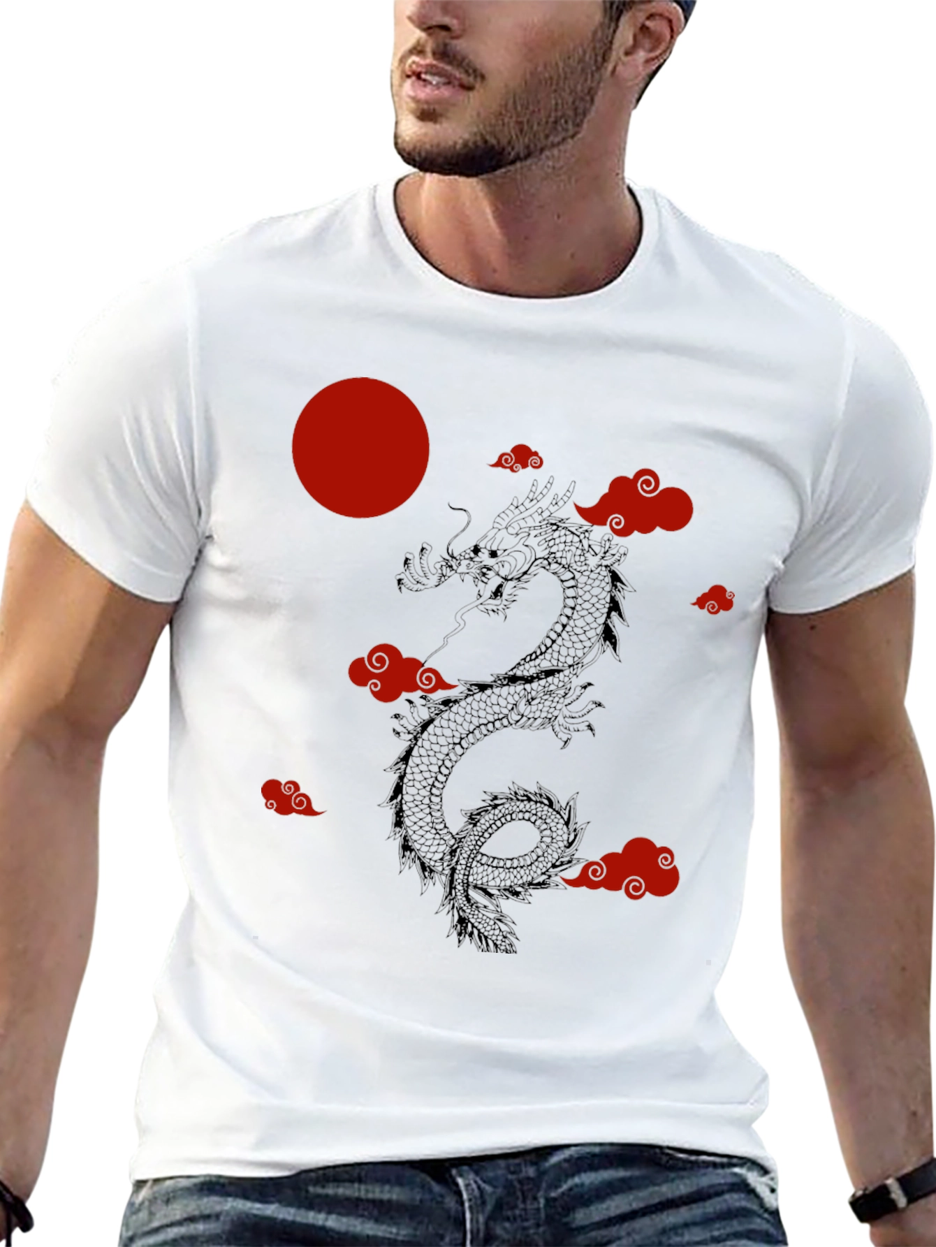 Black Dragon & Clouds Graphic Tee - Red Moon - Black Shirt view 13