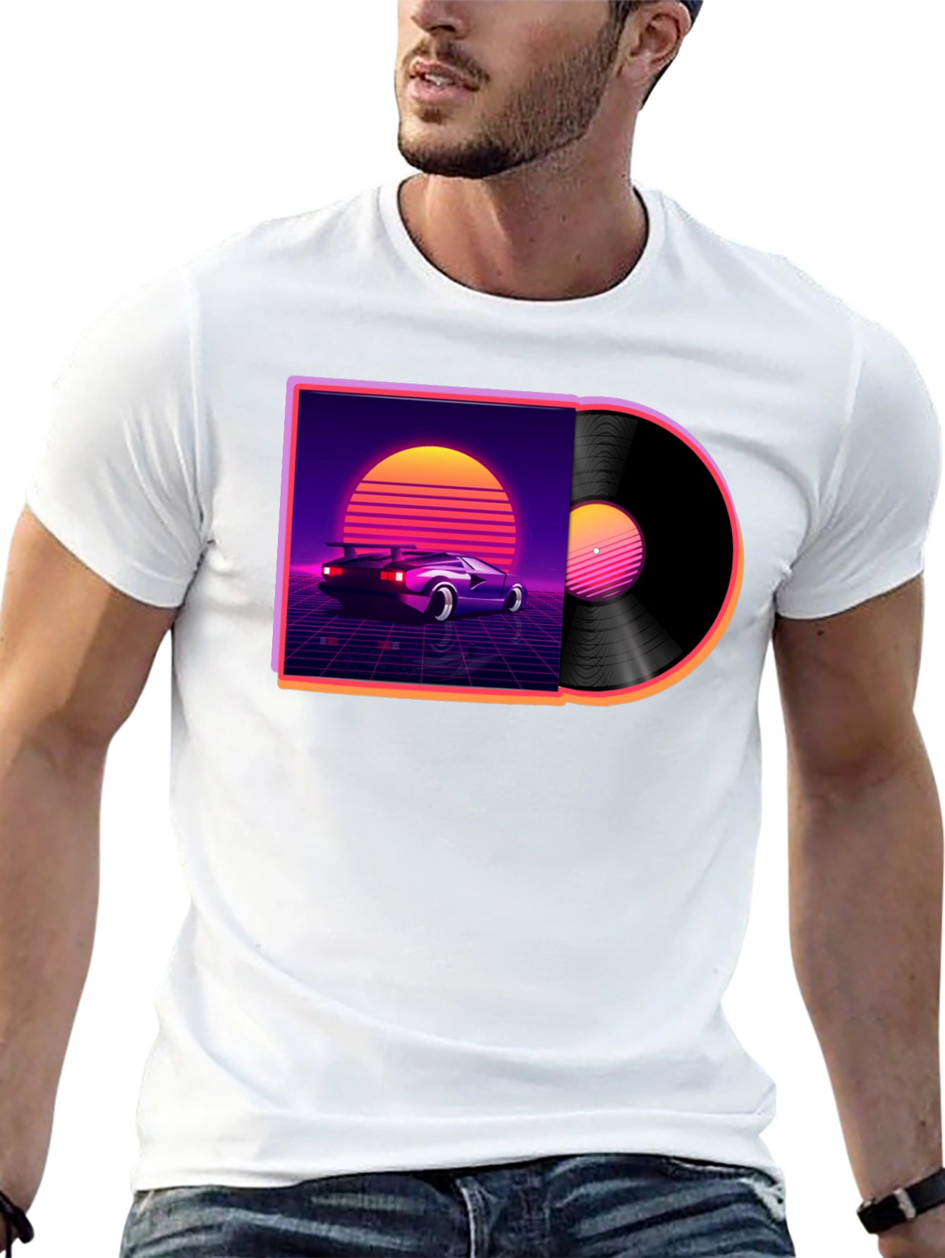 Black Retro Wave Vinyl T-Shirt - Classic Car Design view 13