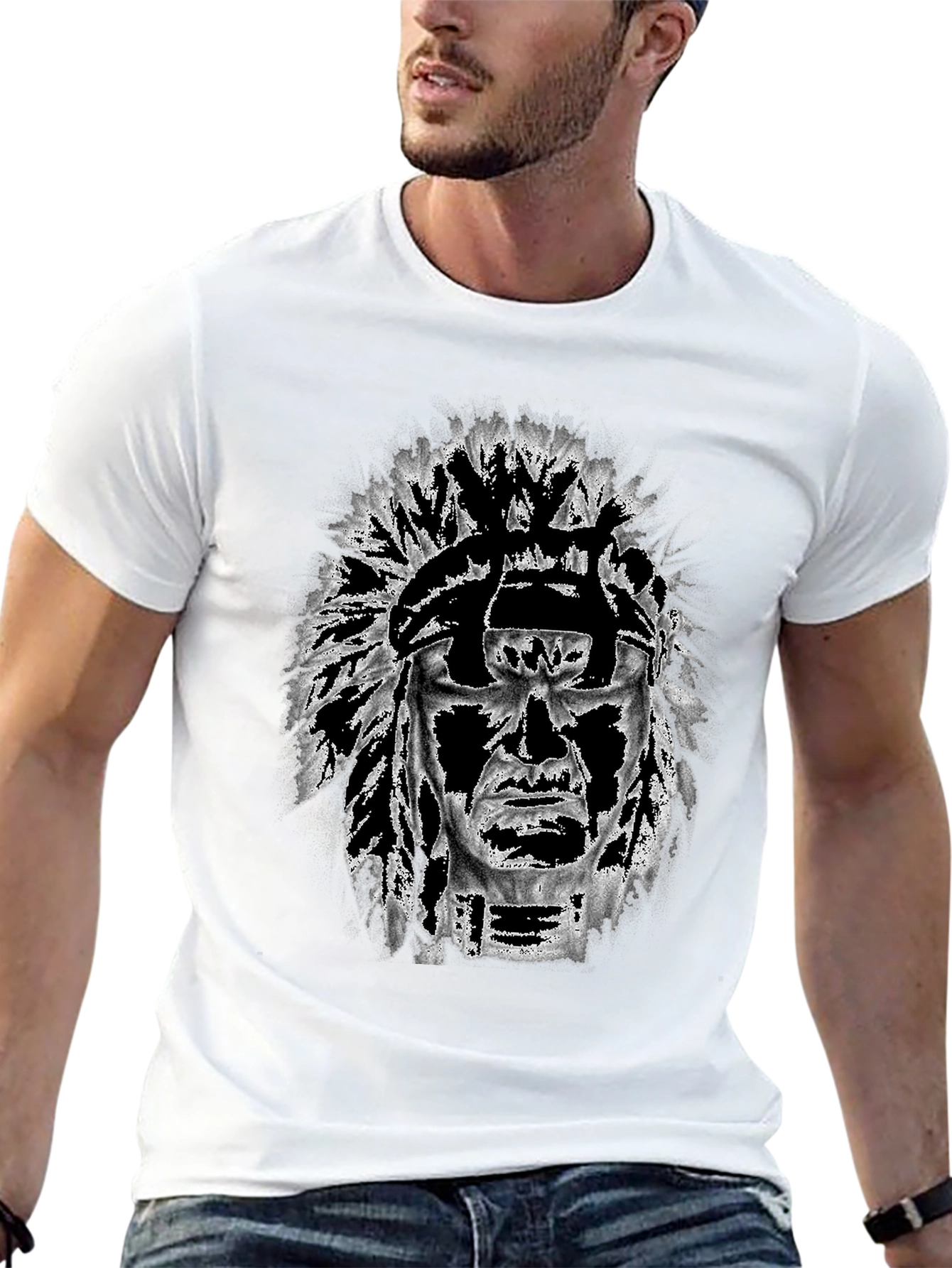 Black Graphic Tee: Native American Headdress Design view 13