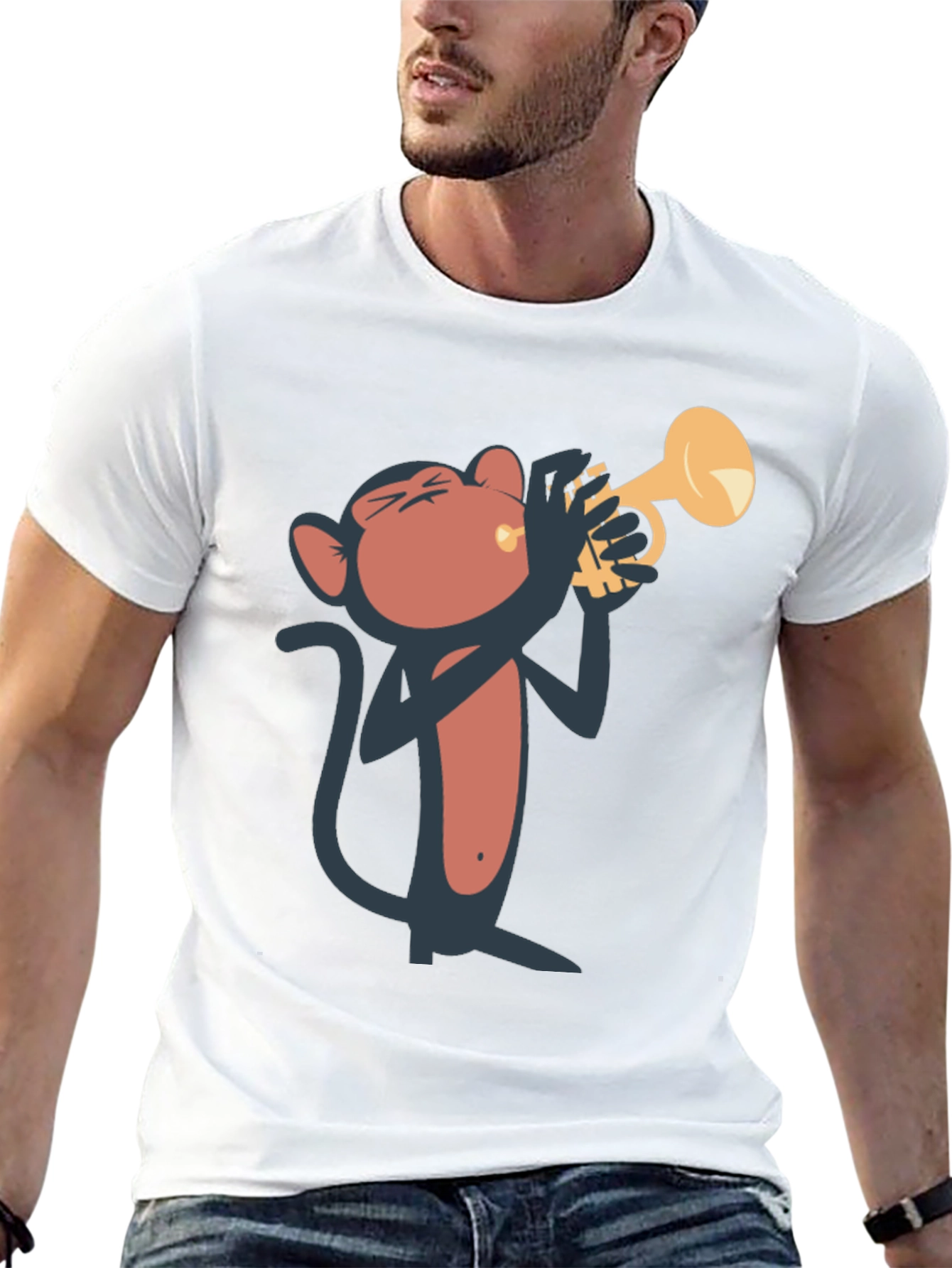 Black Monkey Playing Trumpet Graphic Tee - Black Cotton T-Shirt view 13