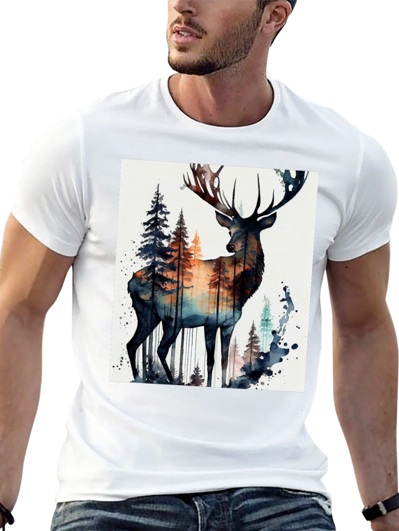 Black Deer Forest Watercolor Graphic Tee view 13