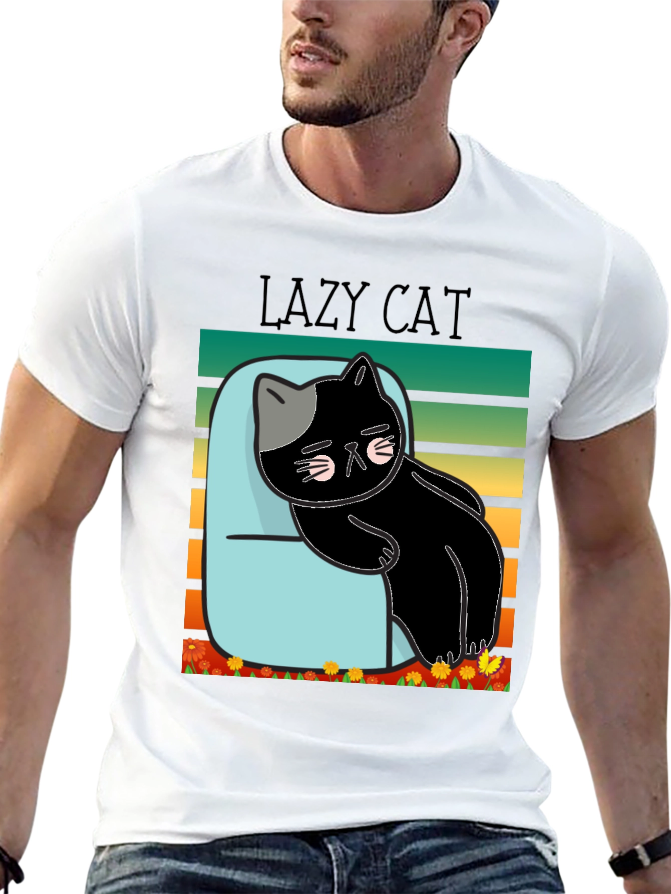 Black Lazy Cat T-Shirt - Black Cotton Tee view 13