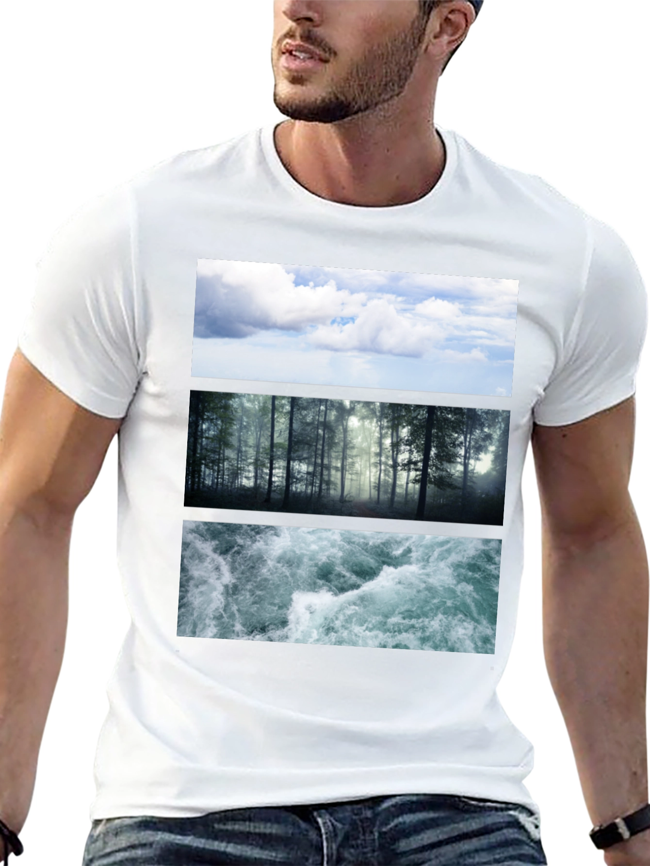 Black Nature Collage T-Shirt: Sky, Forest, Water Graphic Tee view 13