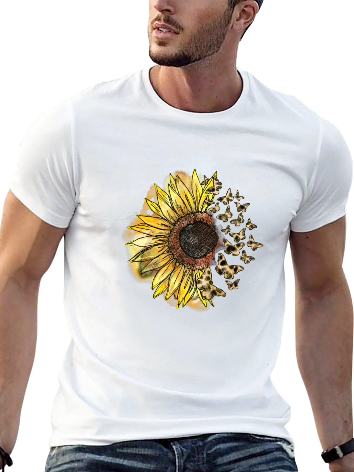 Black Sunflower Butterfly Men's Black T-Shirt view 13