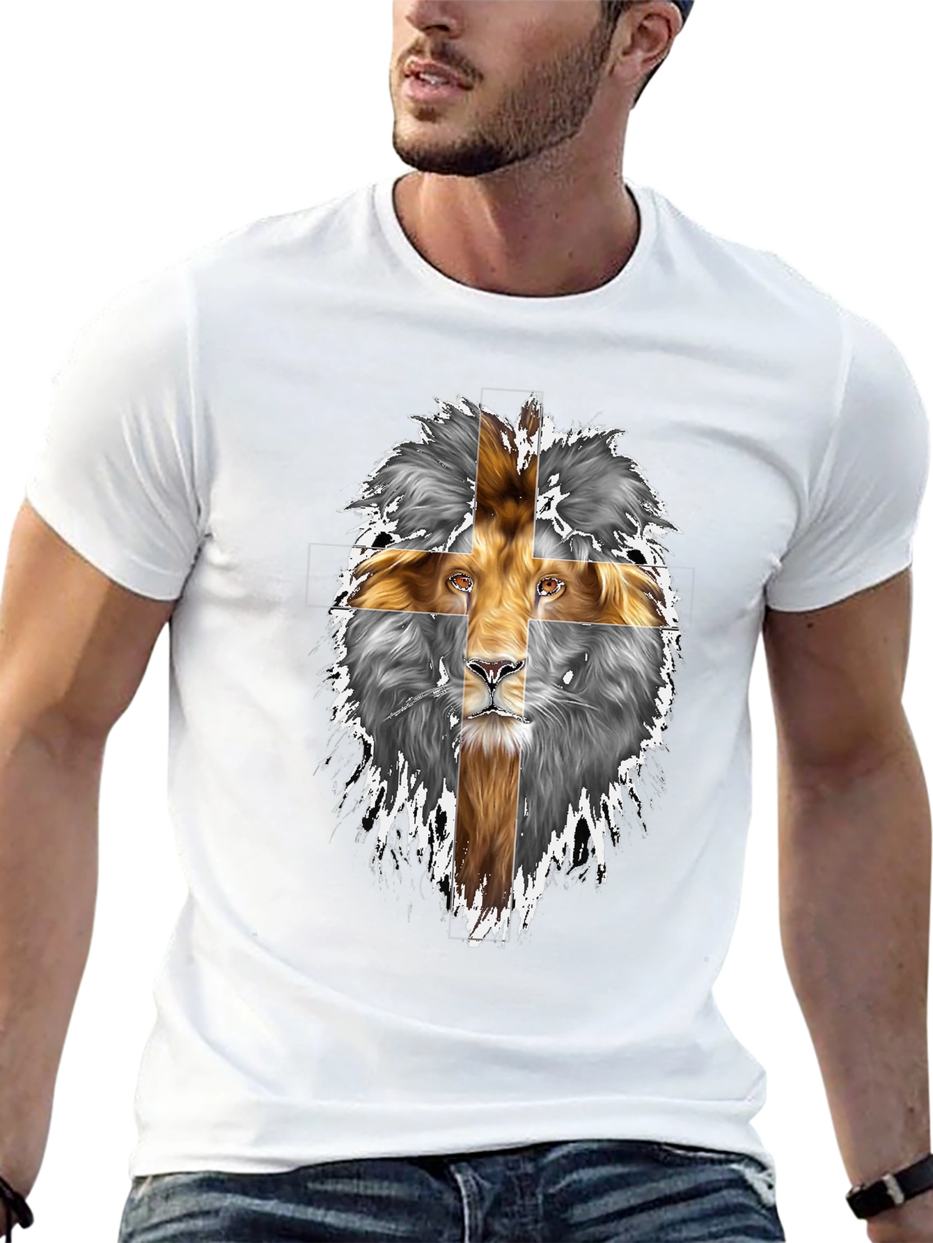 Black Lion Cross Graphic Print Black T-Shirt view 13