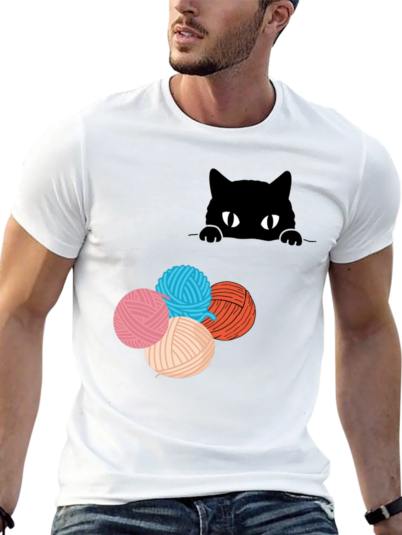 Black Cat Peek Yarn Ball T-Shirt view 13