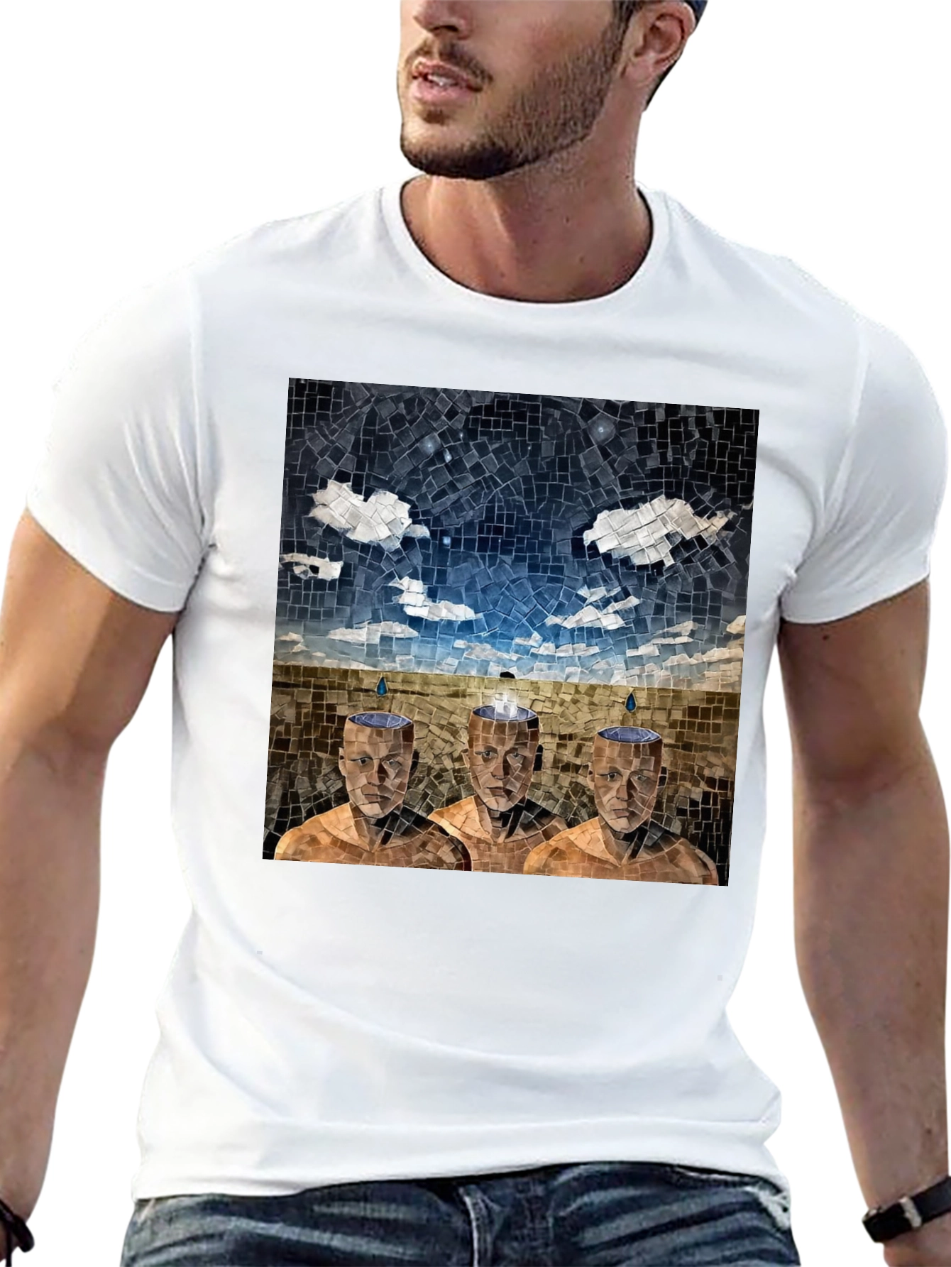 Black Mosaic Heads T-Shirt - Surreal Artistic Design view 13