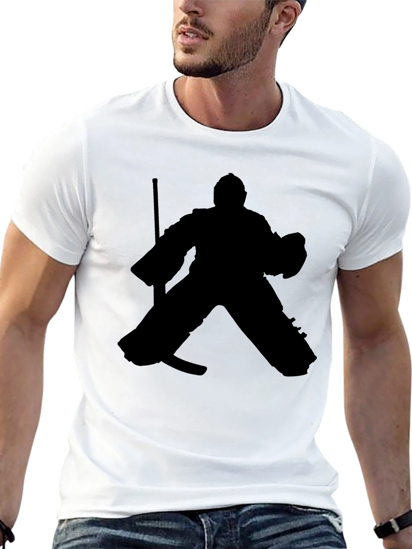 Black Hockey Goalie Silhouette Graphic Tee - Black Cotton T-Shirt view 13