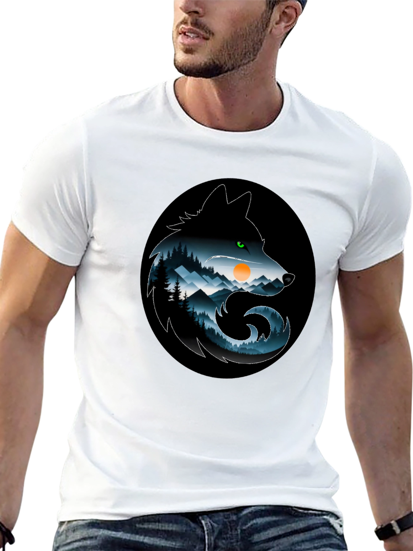 Black Wolf Silhouette Mountain T-Shirt - Nature Inspired Design view 13