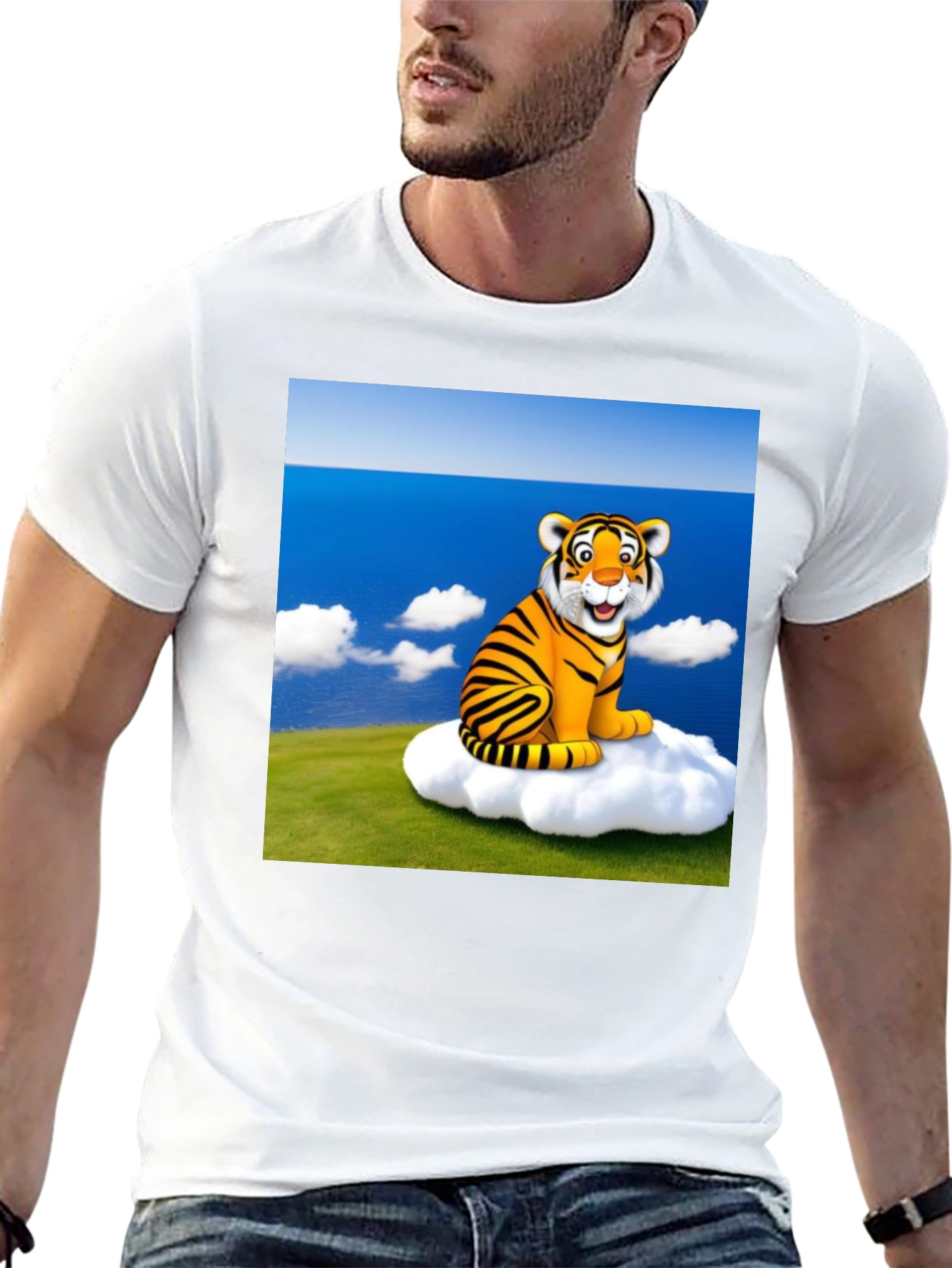 Black Cartoon Tiger on Cloud Black T-Shirt view 13