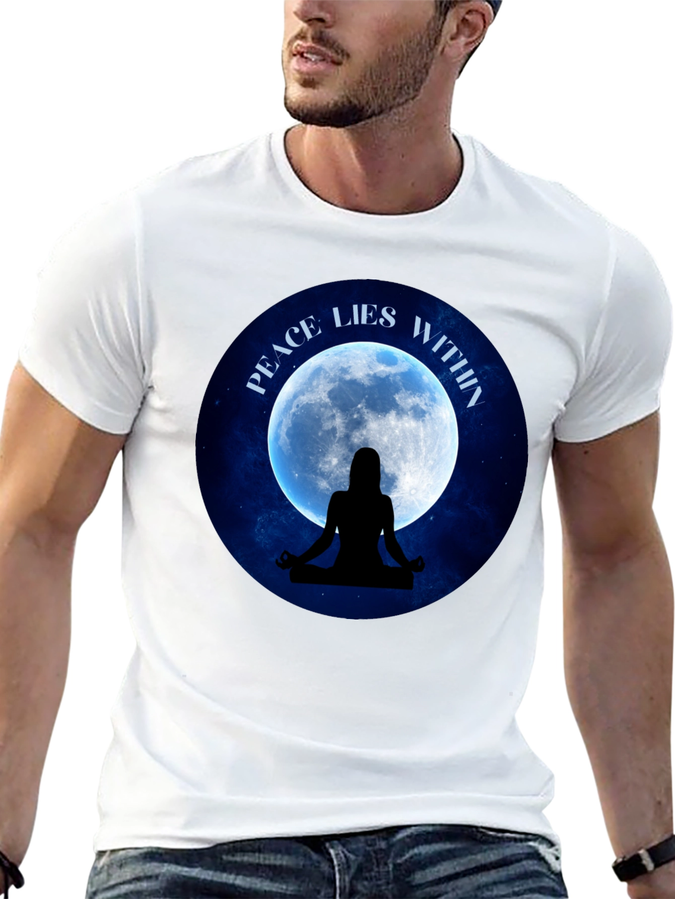 Black Peace Within T-Shirt - Meditating Silhouette Moon Graphic Tee view 13