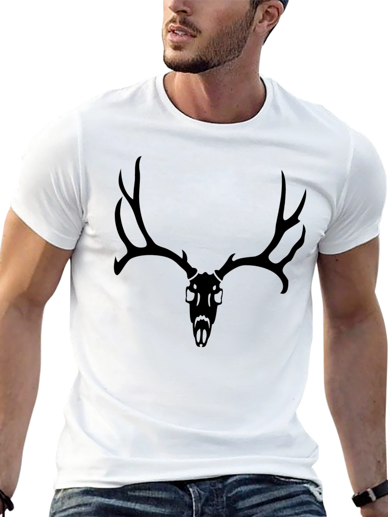 Men's Black T-Shirt with Deer Skull Graphic - 13
