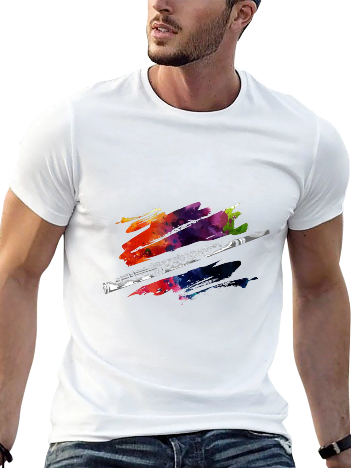 Black Flute Watercolor Graphic Print T-Shirt view 13