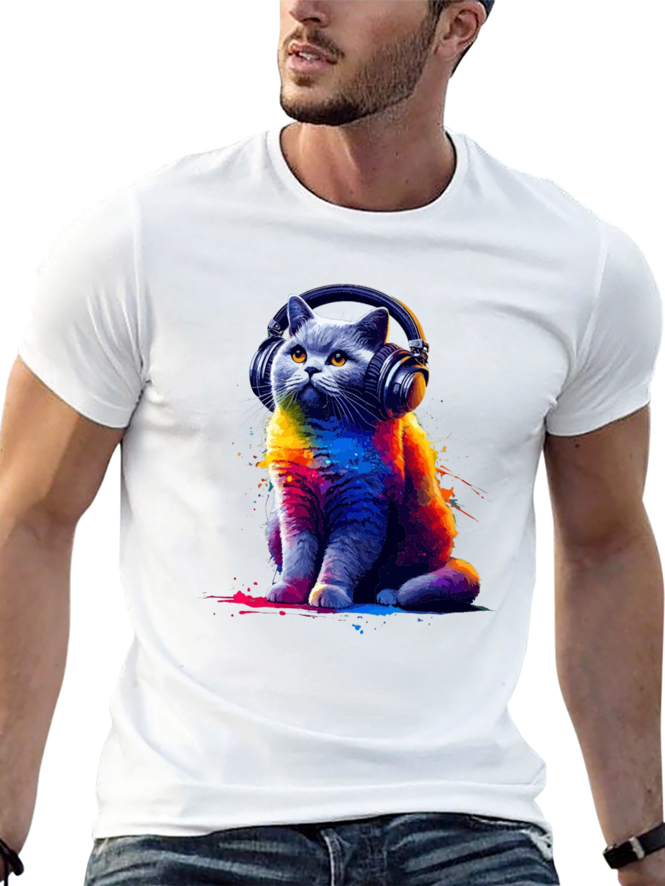 Black Cool Cat Headphones T-Shirt - Colorful Graphic Tee view 13