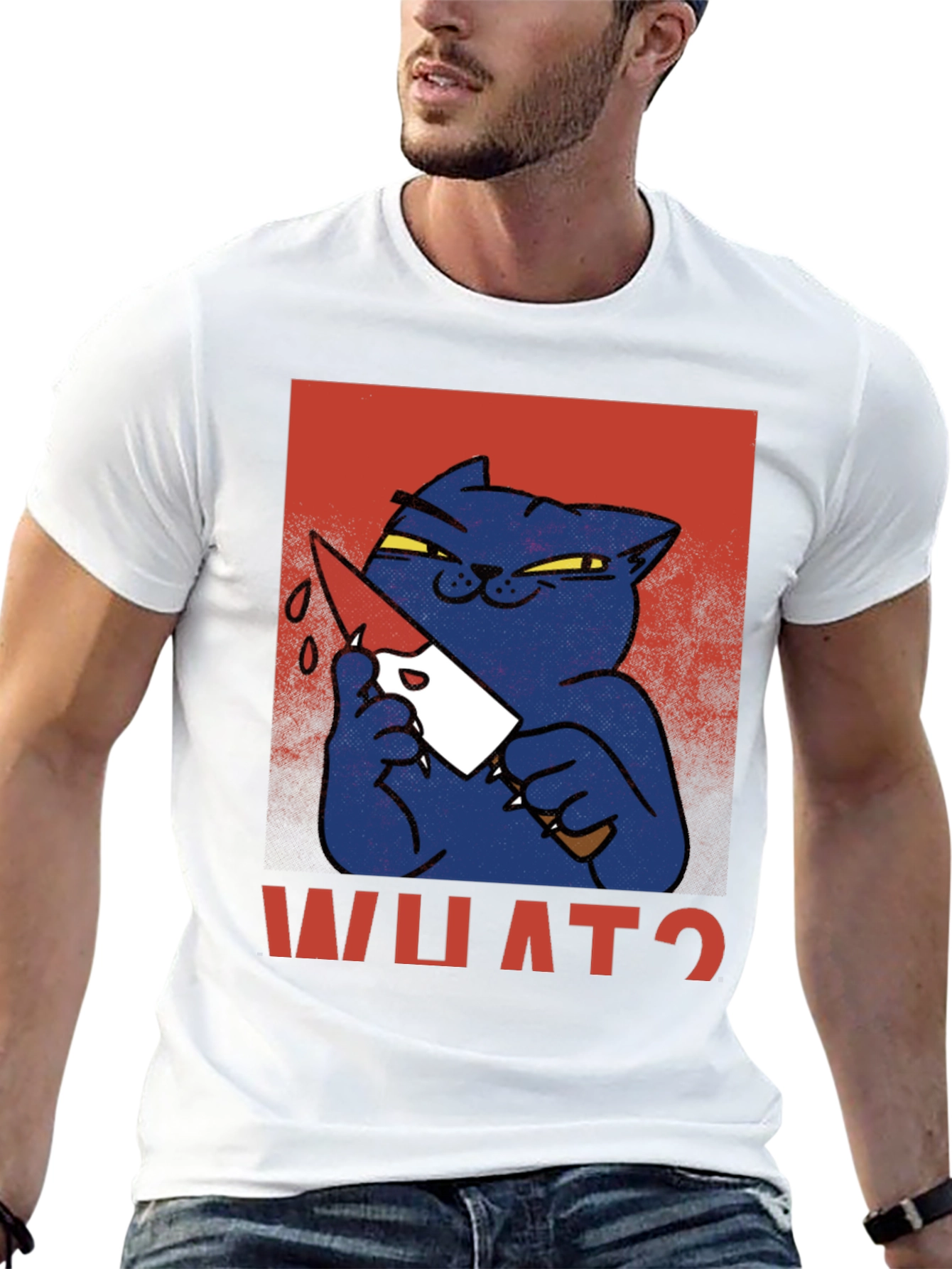 Black Killer Cat Graphic T-Shirt - "WHAT?" Funny Men's Tee view 13
