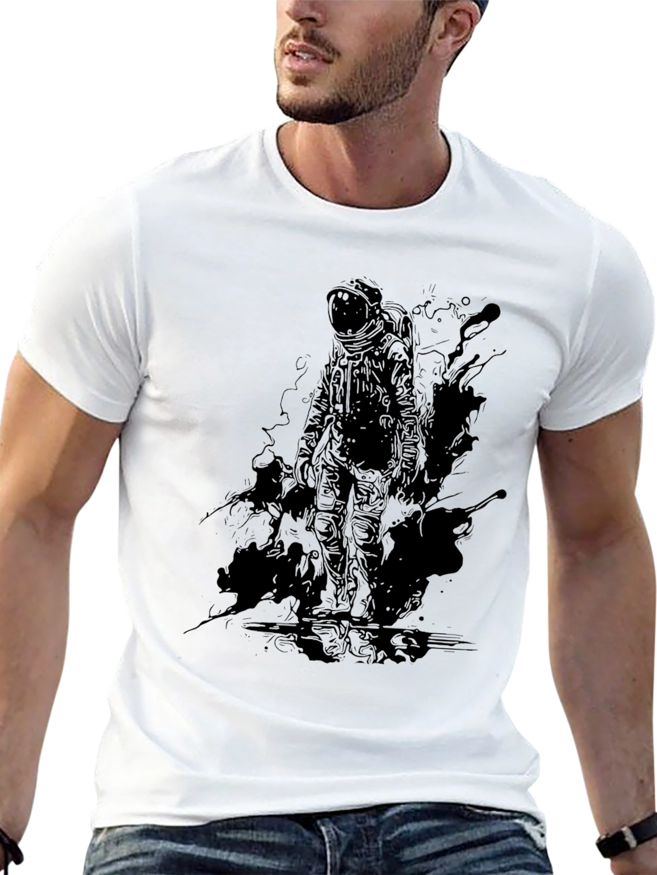 Black Astronaut Graphic Tee - Black Crew Neck Cotton T-Shirt view 13