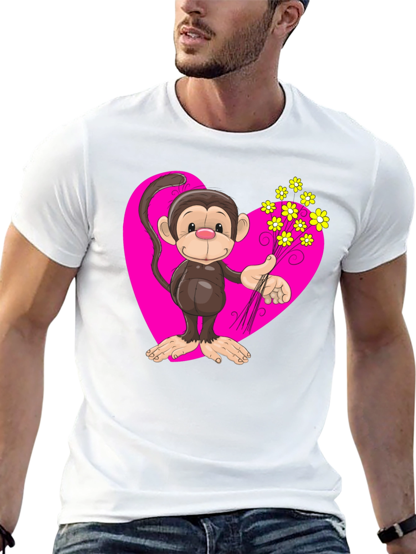 Black Monkey Love T-Shirt - Cartoon Heart Flowers view 13