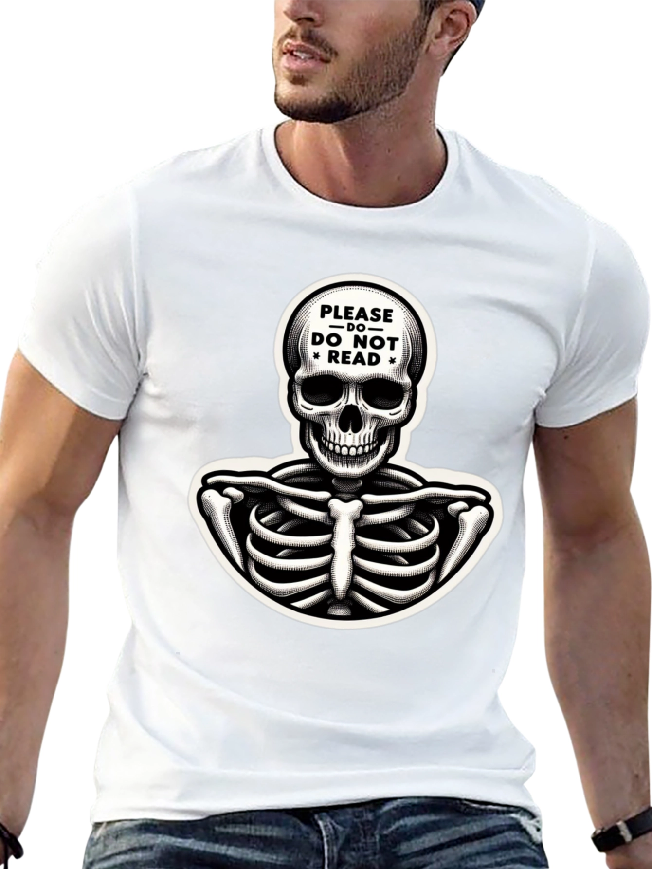 Black Humorous Skeleton Graphic Tee - "Please Do Not Read" view 13
