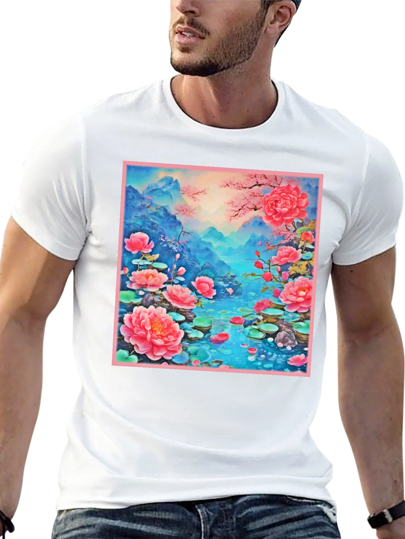 Black Floral Lotus Lake Graphic Tee - Unique Design view 13