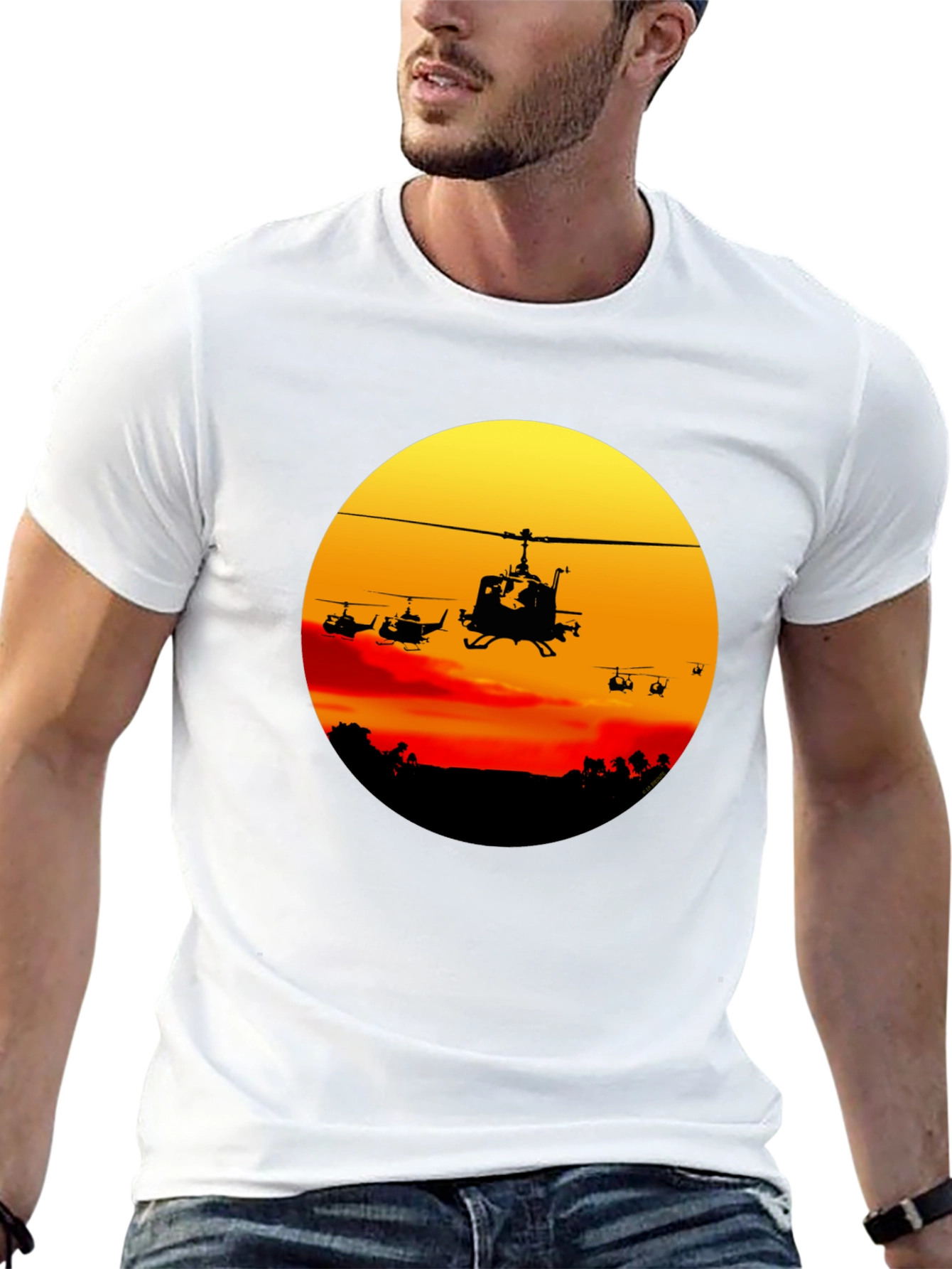Black Retro Helicopter Sunset Graphic T-Shirt view 13