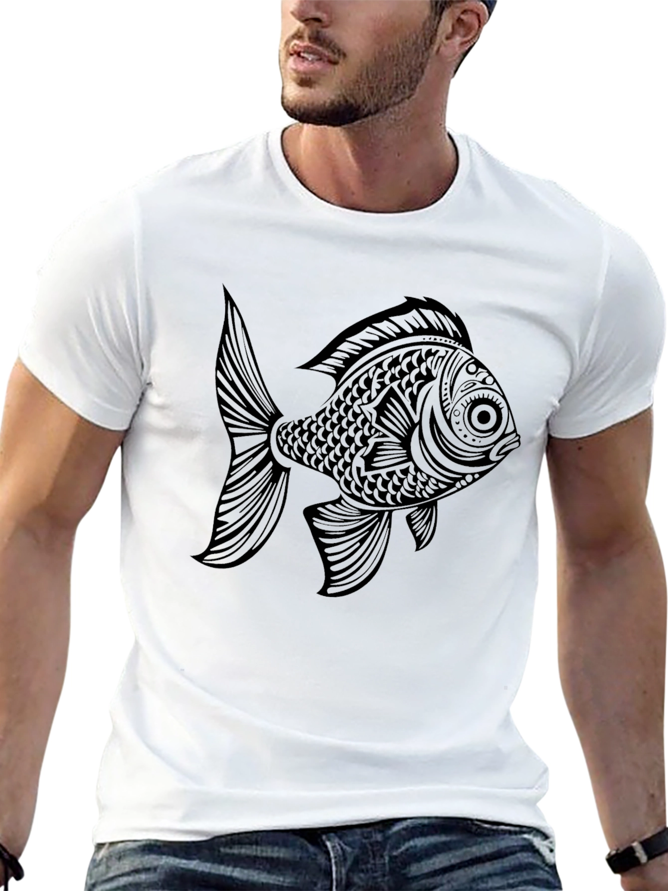 Black Black T-Shirt with Ornate Fish Graphic view 13